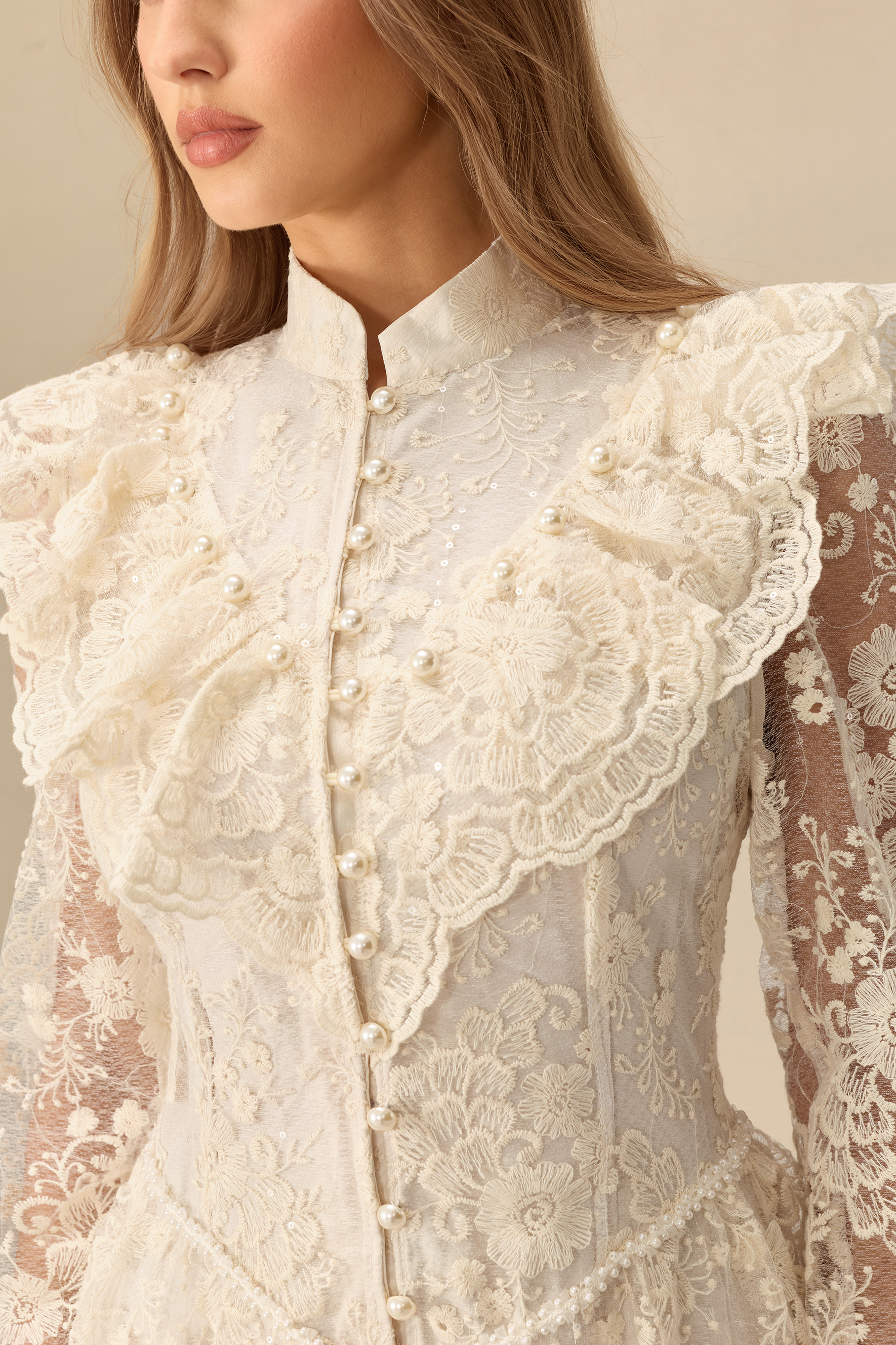 Moment Of Grace Floral Embroidery Sheer Sleeve Lace Maxi Dress