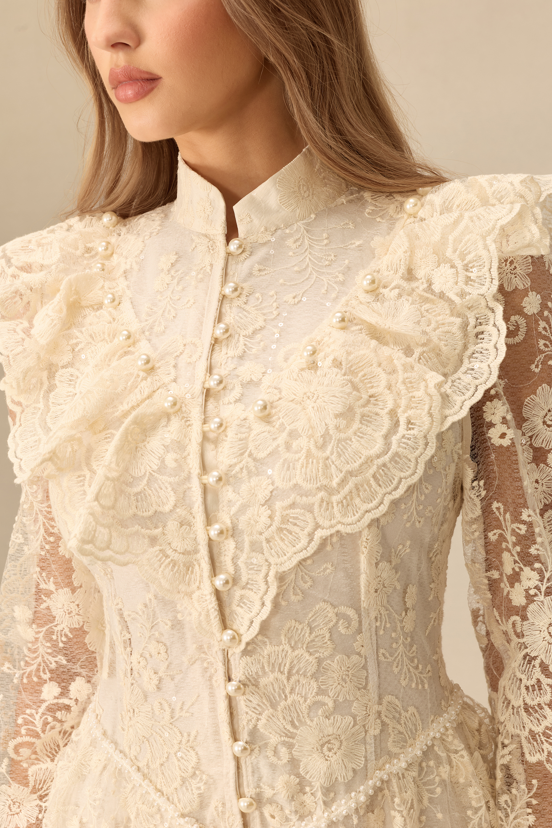 Moment Of Grace Floral Embroidery Sheer Sleeve Lace Maxi Dress
