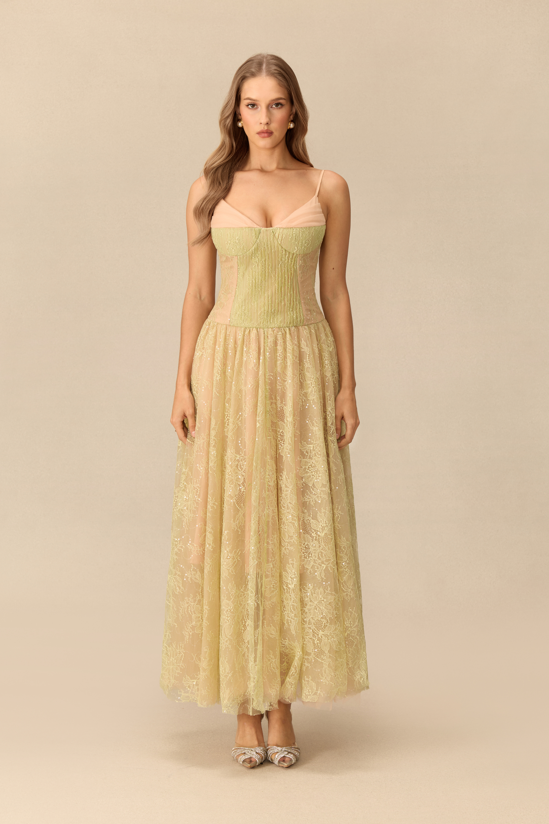Breath Of Spring Pleated Bodice Floral Lace Maxi Dress