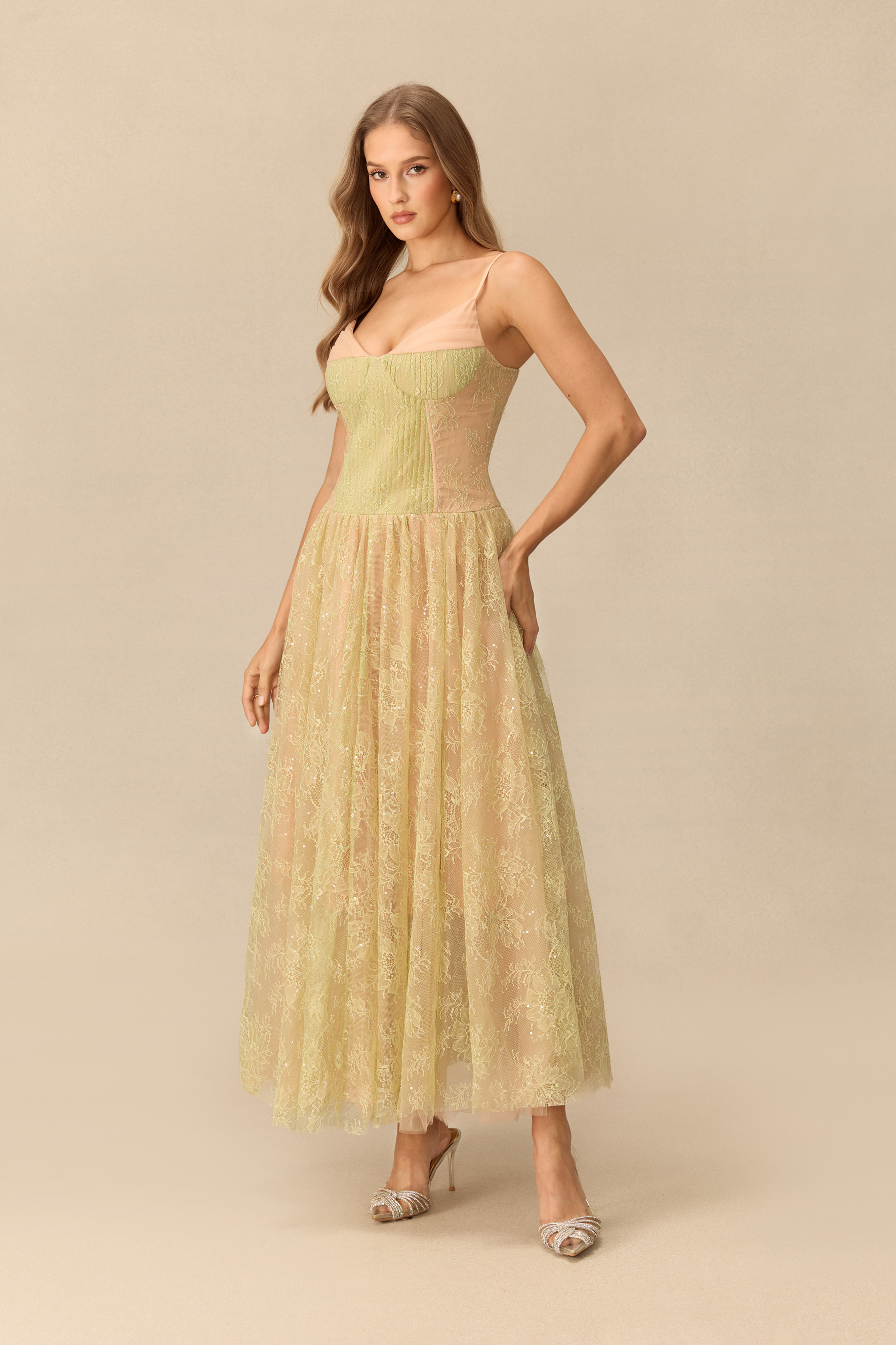 Breath Of Spring Pleated Bodice Floral Lace Maxi Dress