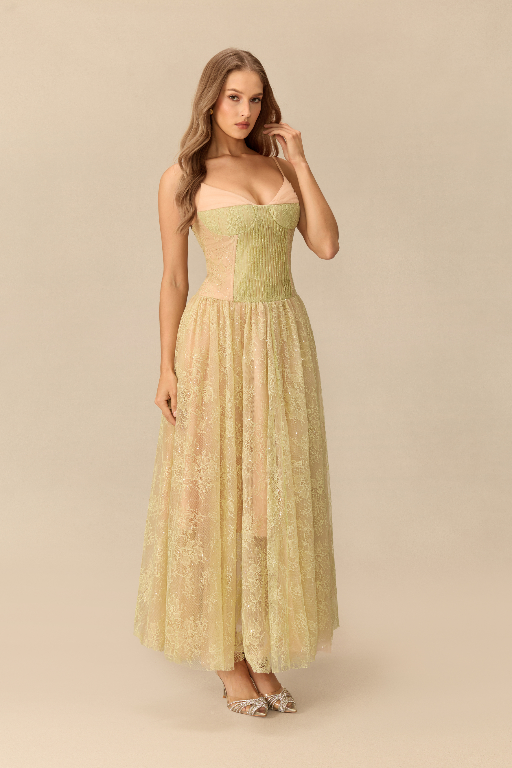 Breath Of Spring Pleated Bodice Floral Lace Maxi Dress