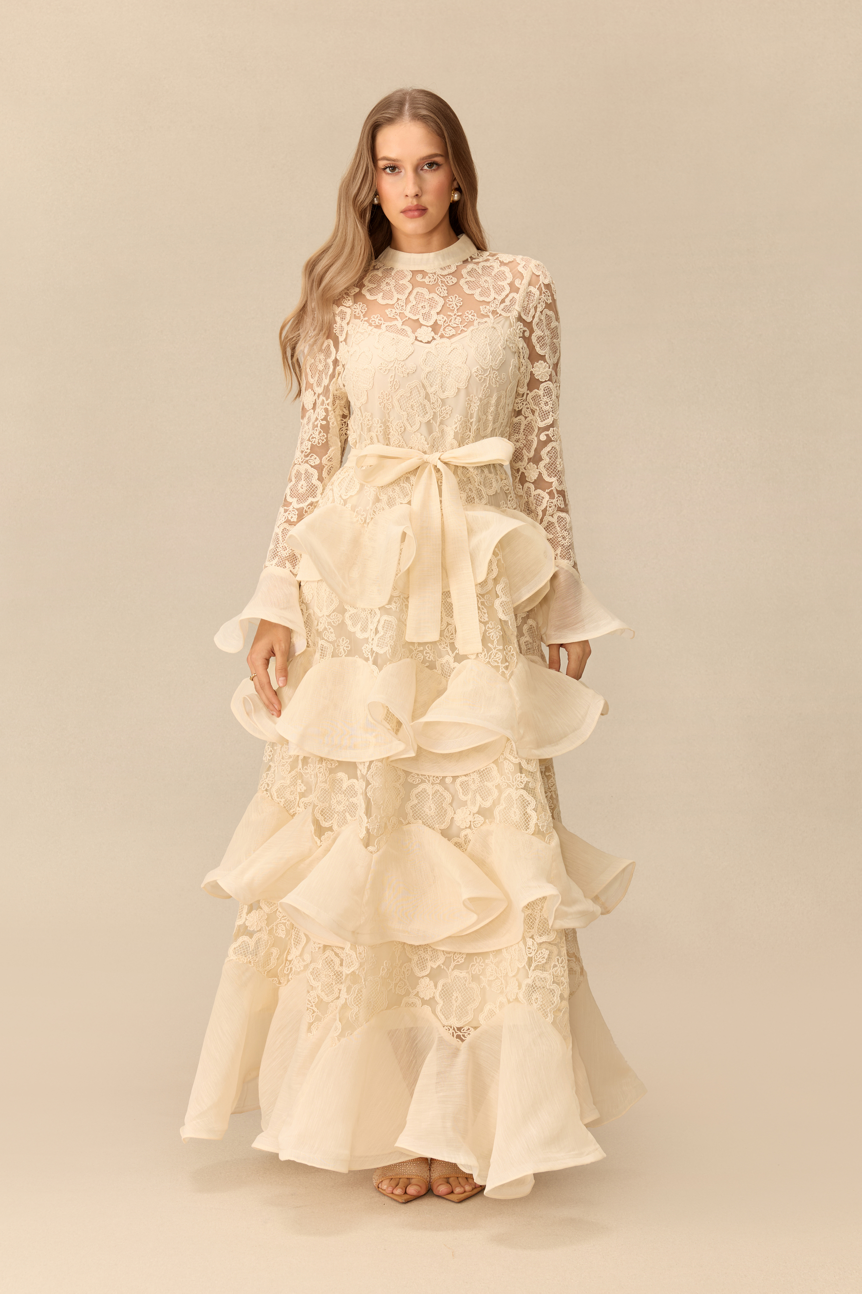 Quietly Captivating Floral Lace Layered Ruffle Maxi Dress