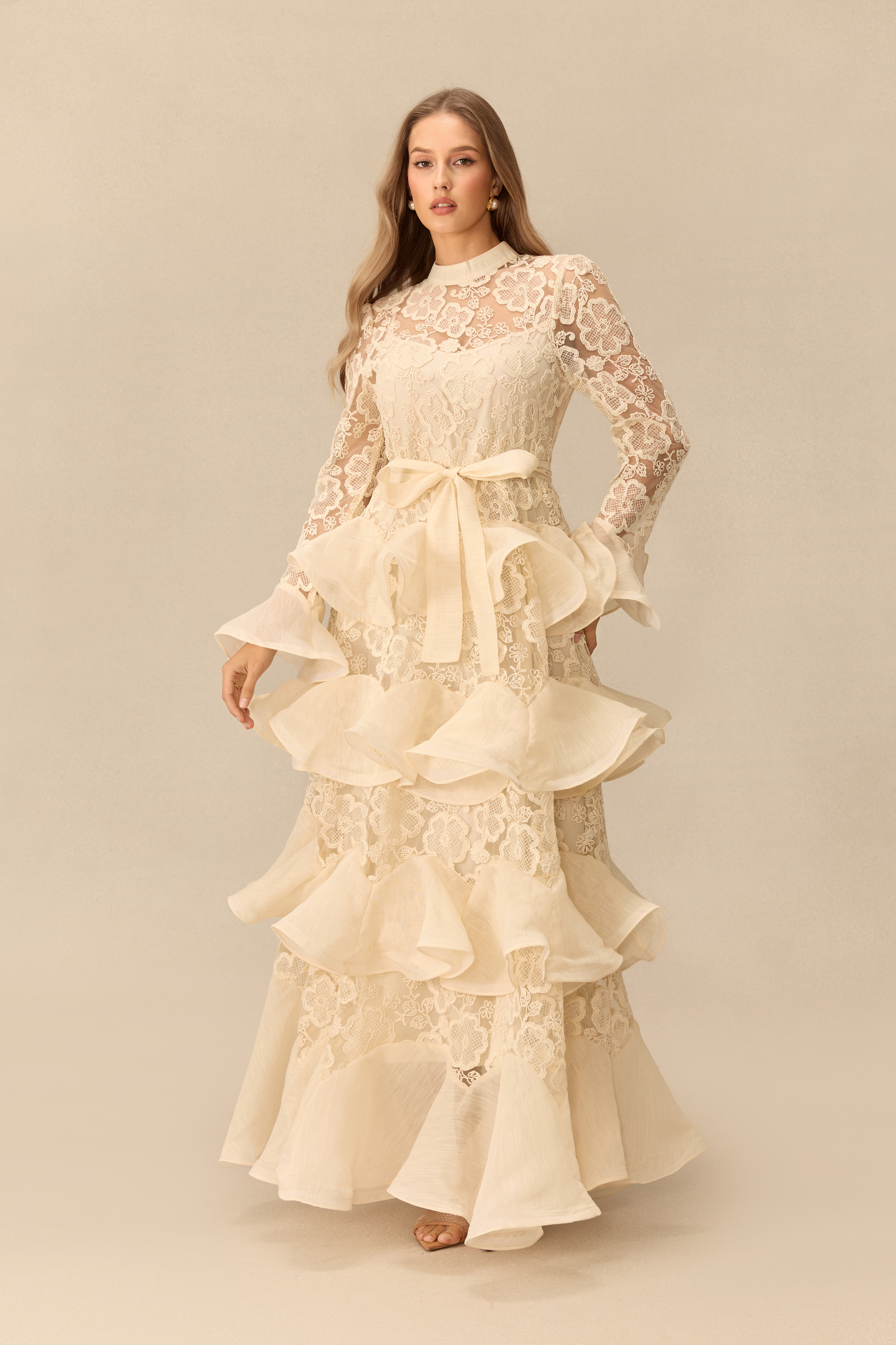 Quietly Captivating Floral Lace Layered Ruffle Maxi Dress