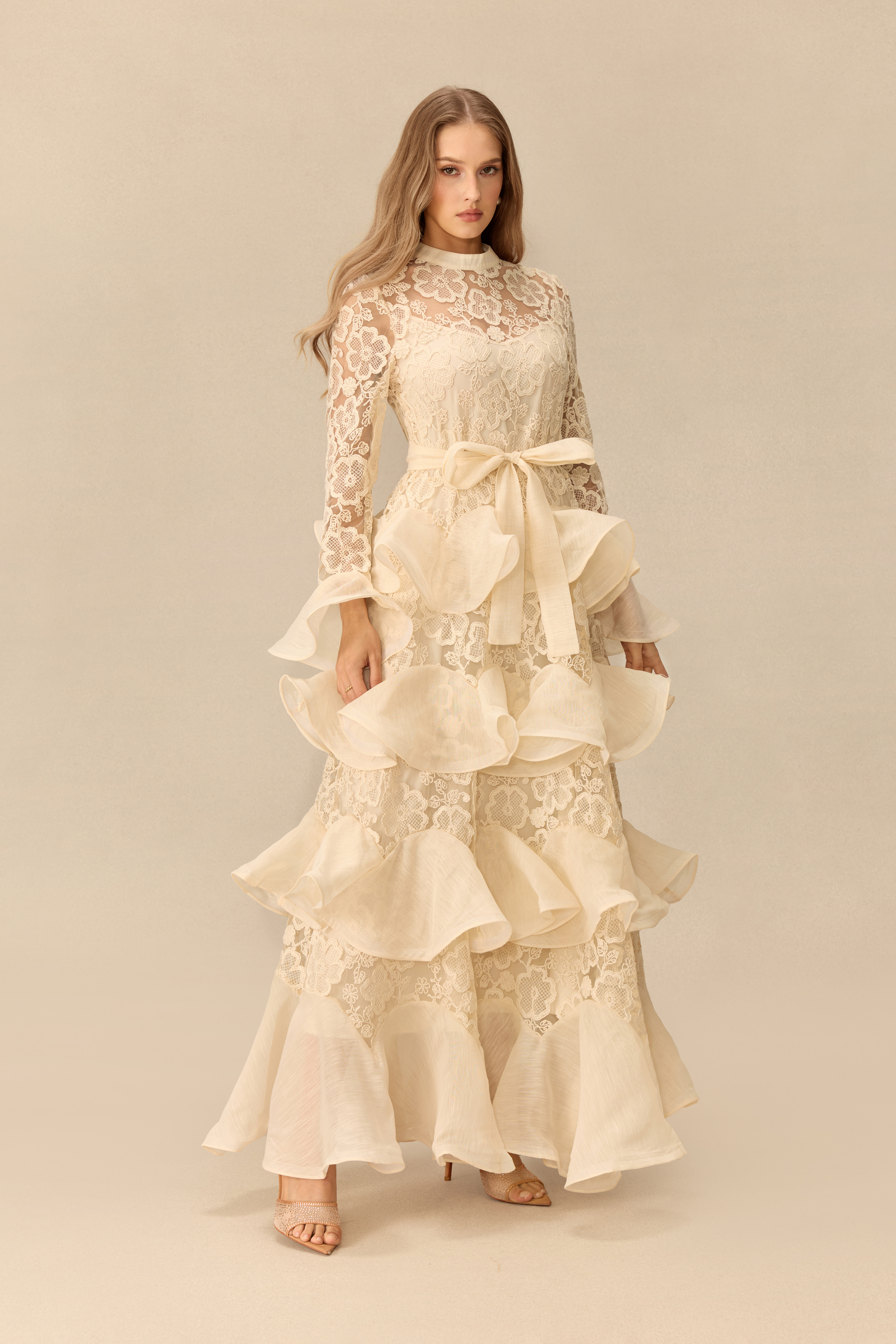 Quietly Captivating Floral Lace Layered Ruffle Maxi Dress