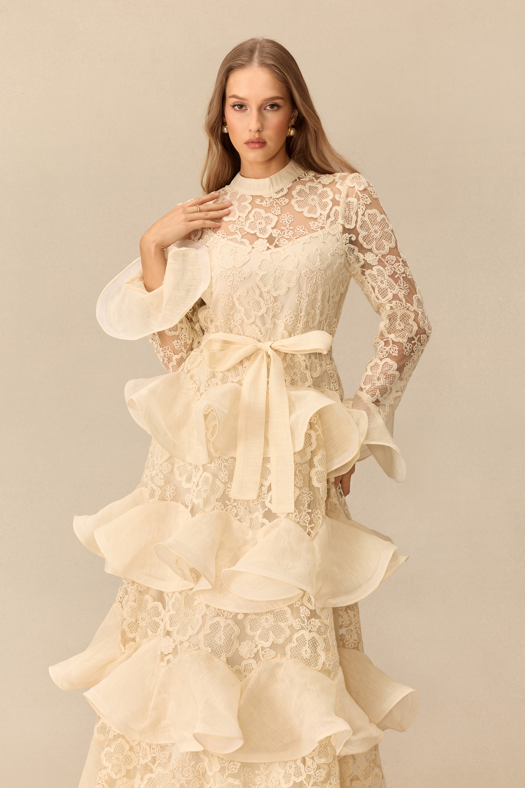 Quietly Captivating Floral Lace Layered Ruffle Maxi Dress