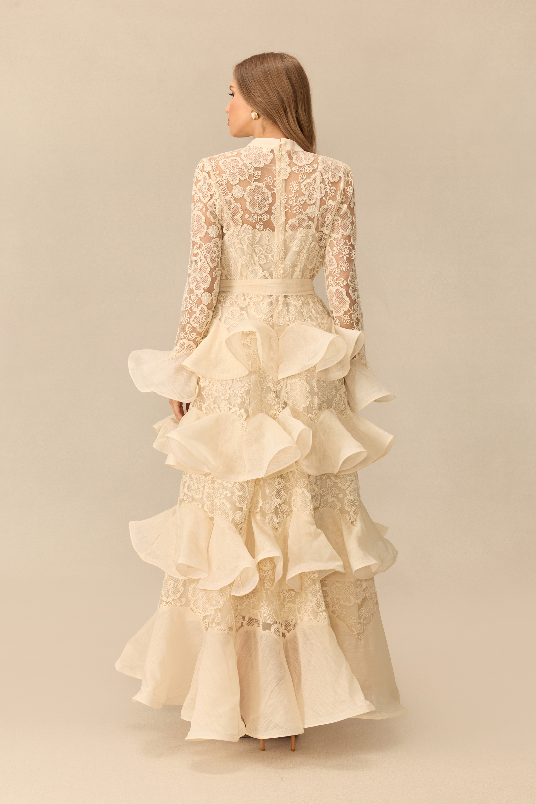Quietly Captivating Floral Lace Layered Ruffle Maxi Dress