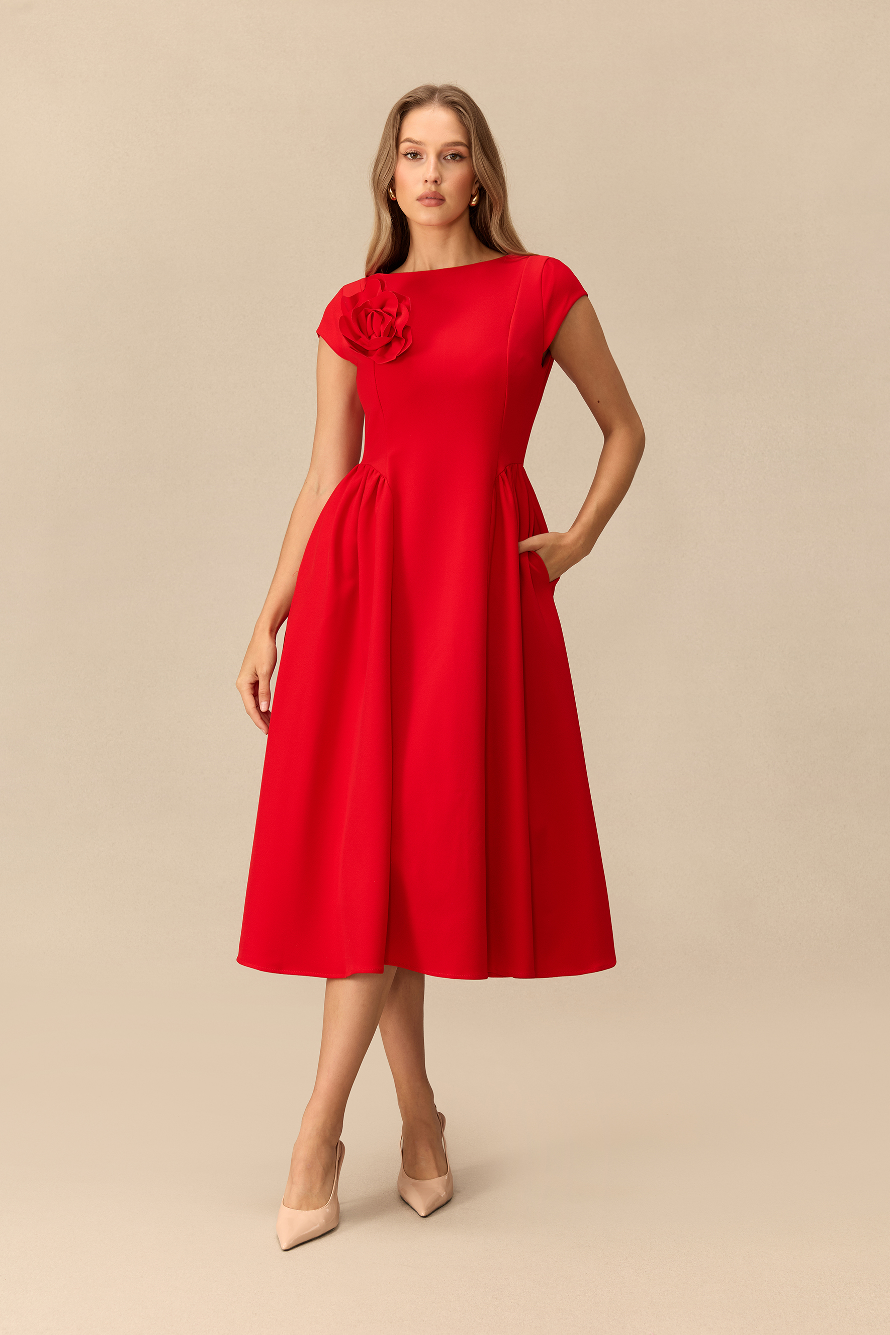 Sweet Serenade Cap Sleeve Floral Applique Midi Dress