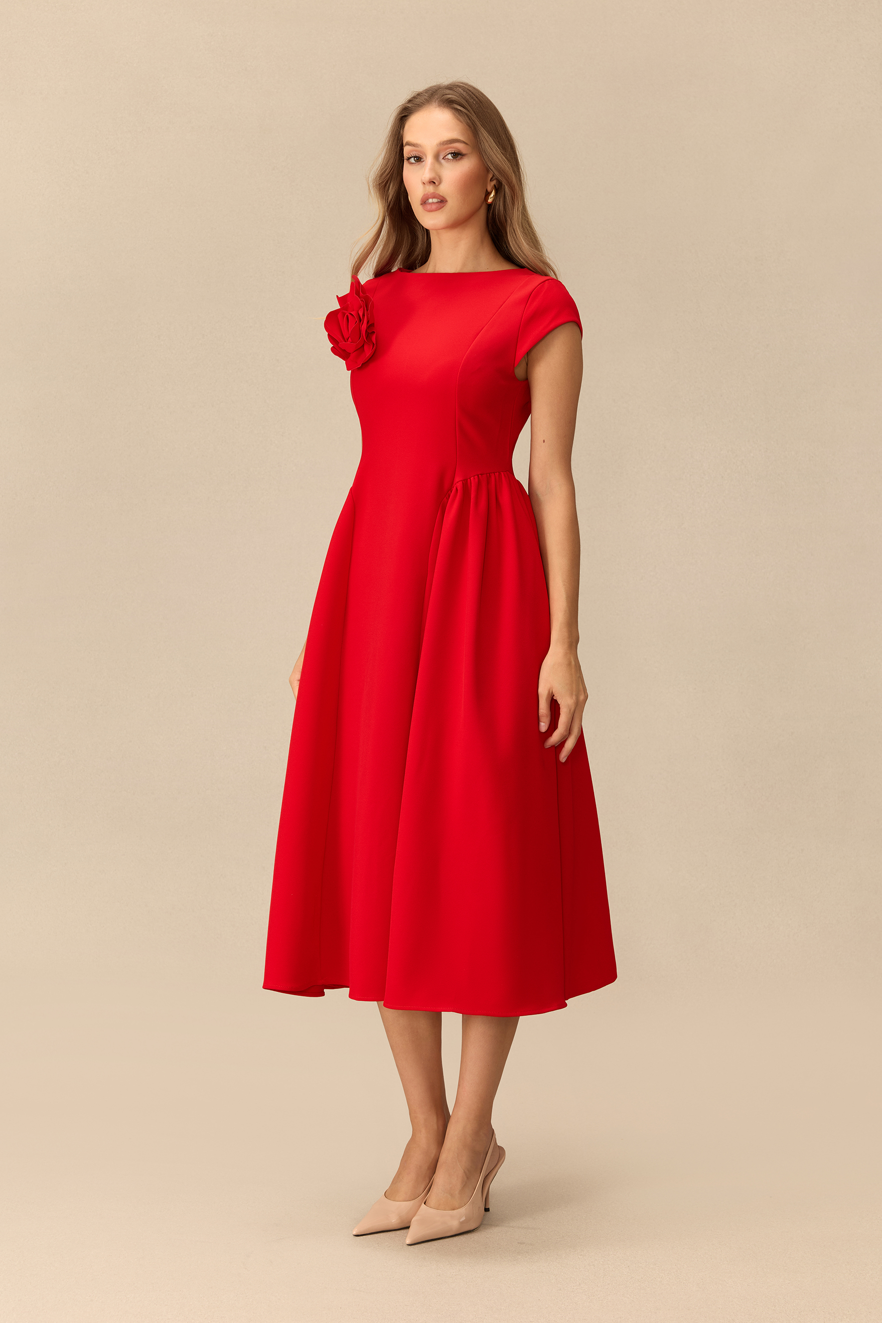 Sweet Serenade Cap Sleeve Floral Applique Midi Dress
