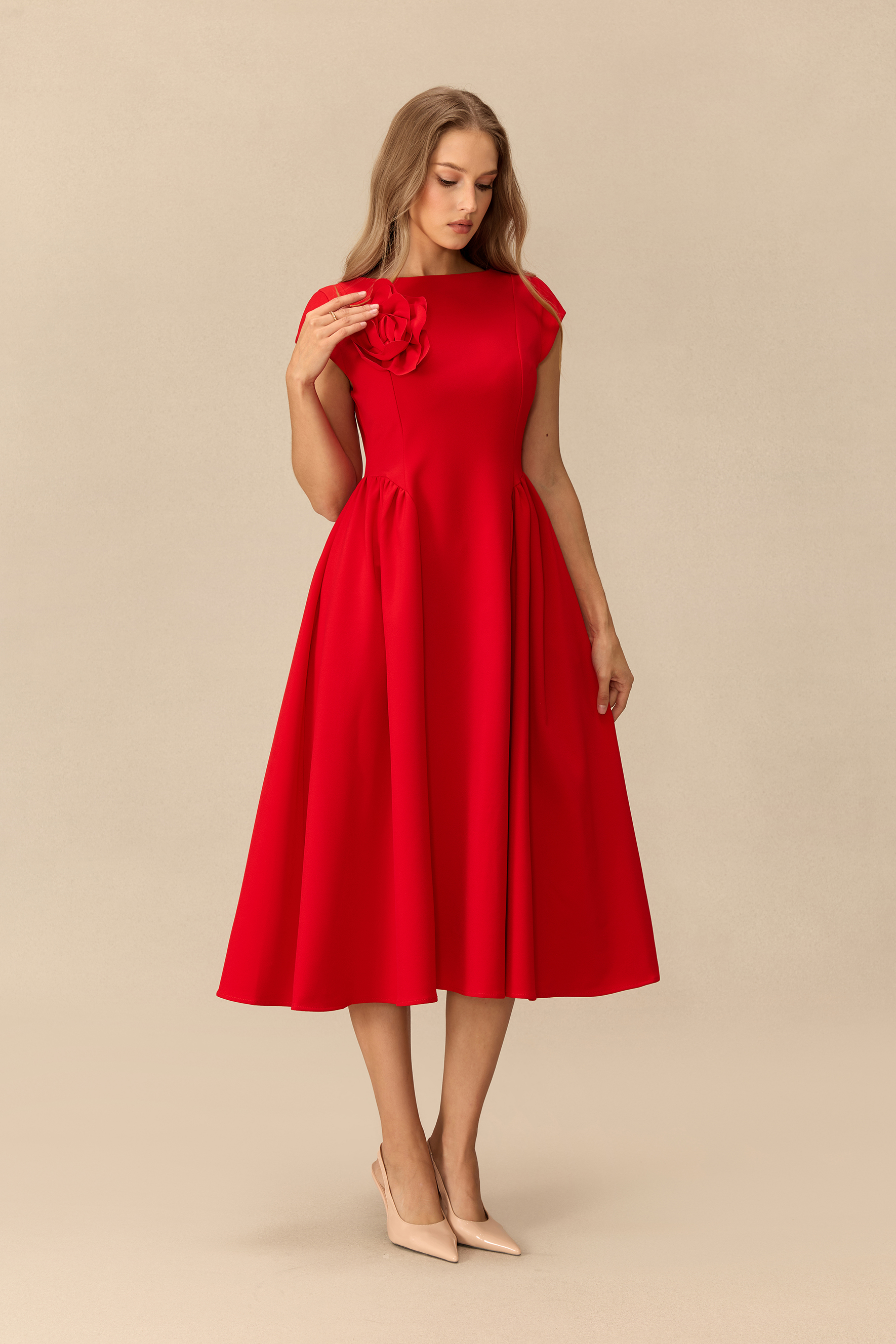 Sweet Serenade Cap Sleeve Floral Applique Midi Dress