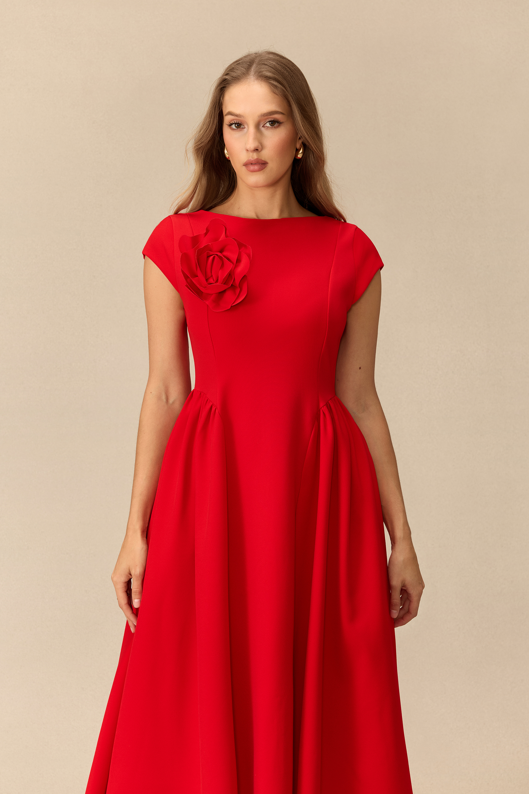 Sweet Serenade Cap Sleeve Floral Applique Midi Dress