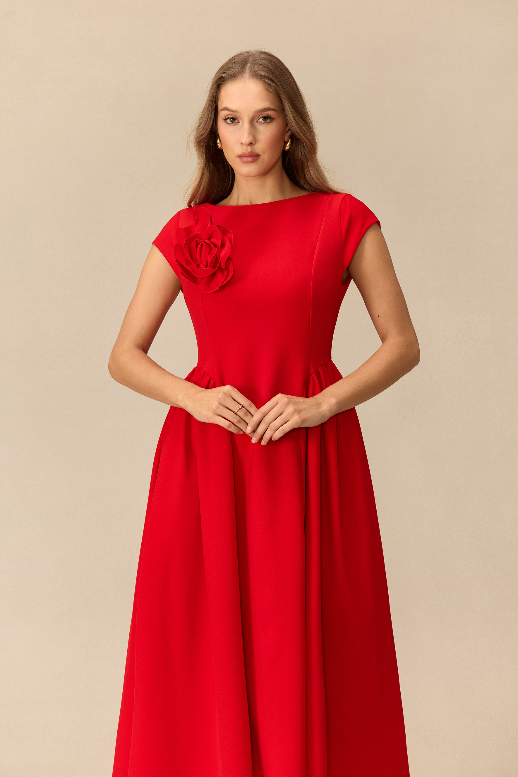 Sweet Serenade Cap Sleeve Floral Applique Midi Dress