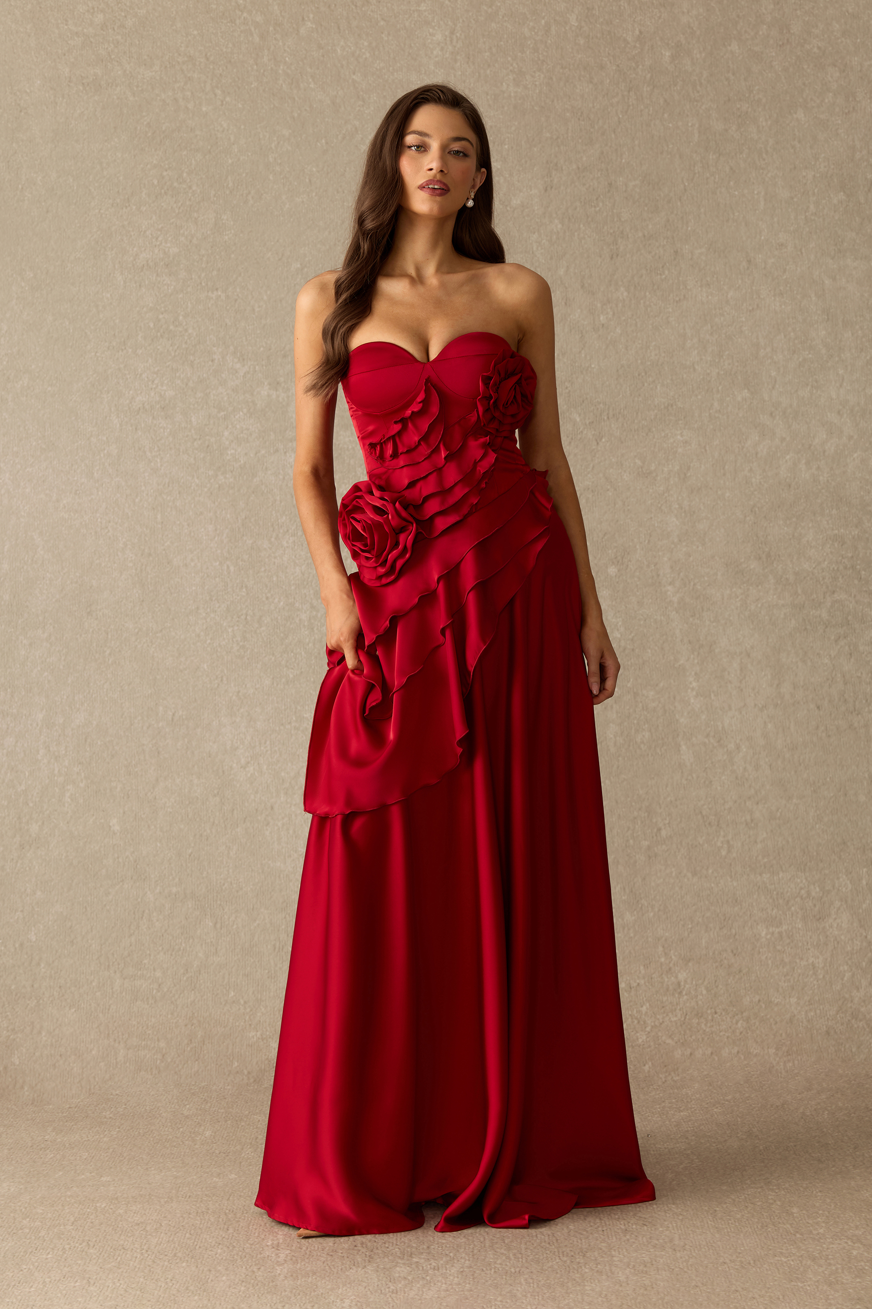 Always A Stunner Floral Applique Ruffle Maxi Dress
