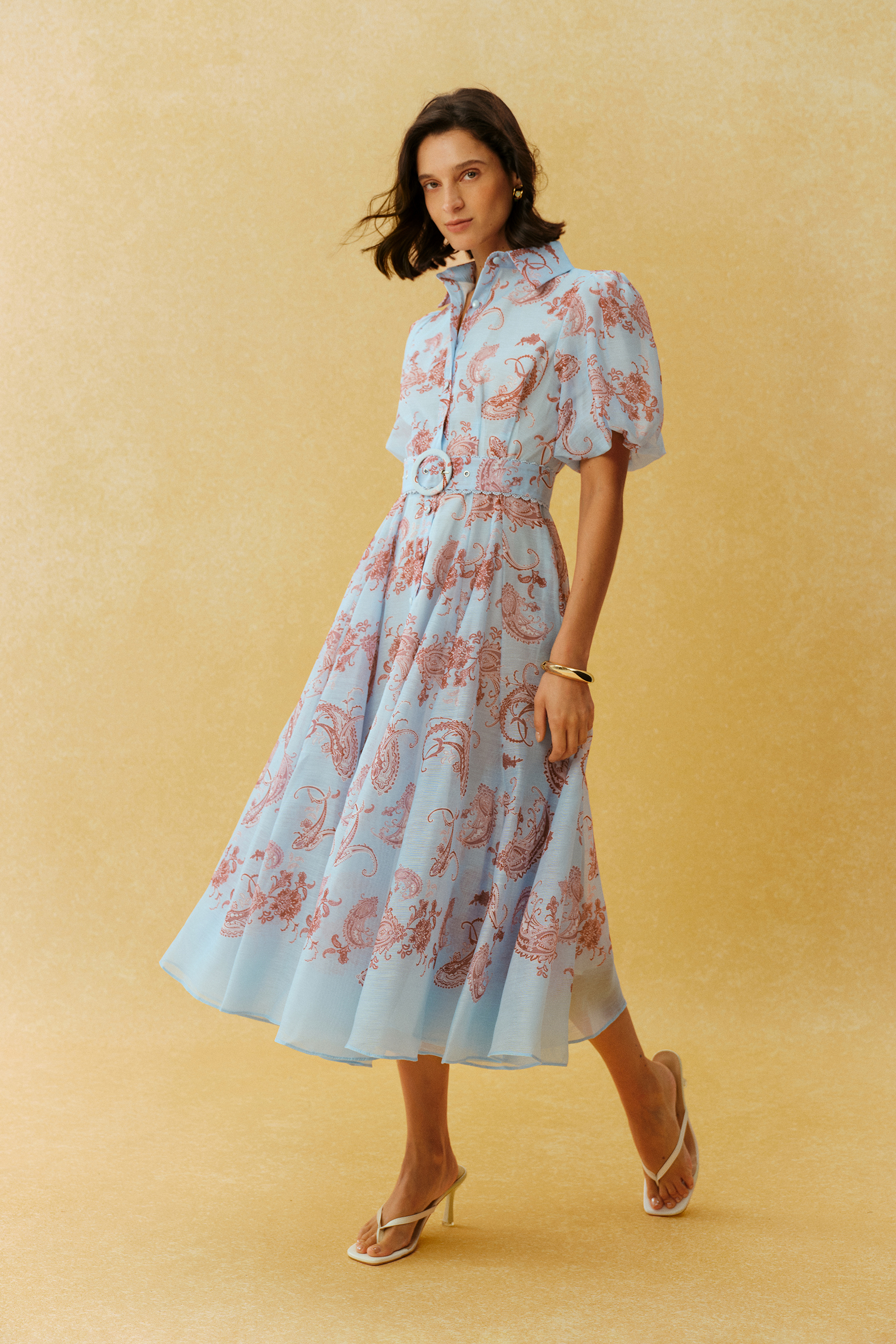 Forevermore Blue Paisley Print Puff Sleeve Midi Dress