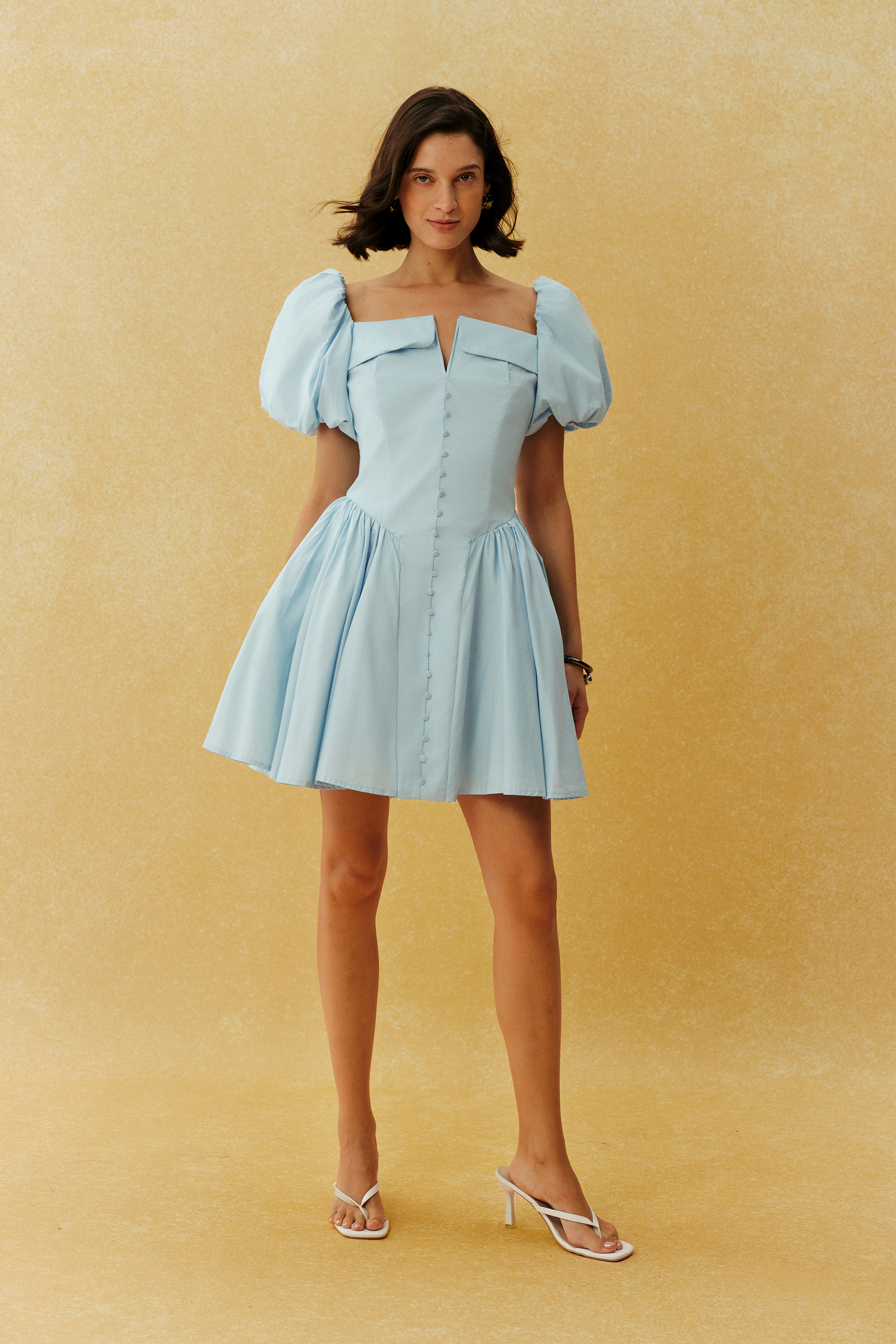 Keep It Sweet Blue Puff Sleeve Notch Neck Mini Dress
