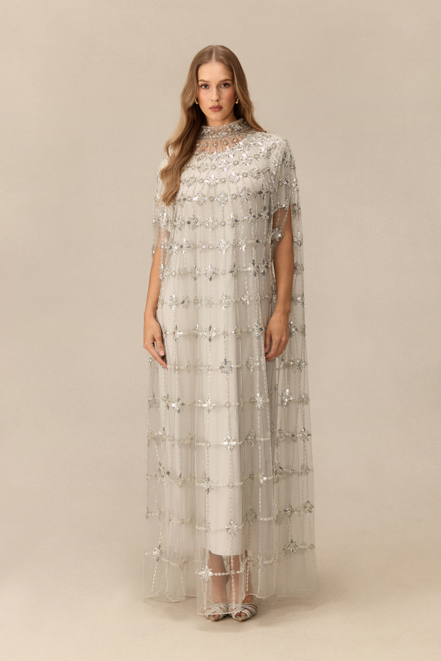 The Main Event Crystal Embellished Cape Sleeve Maxi Dress