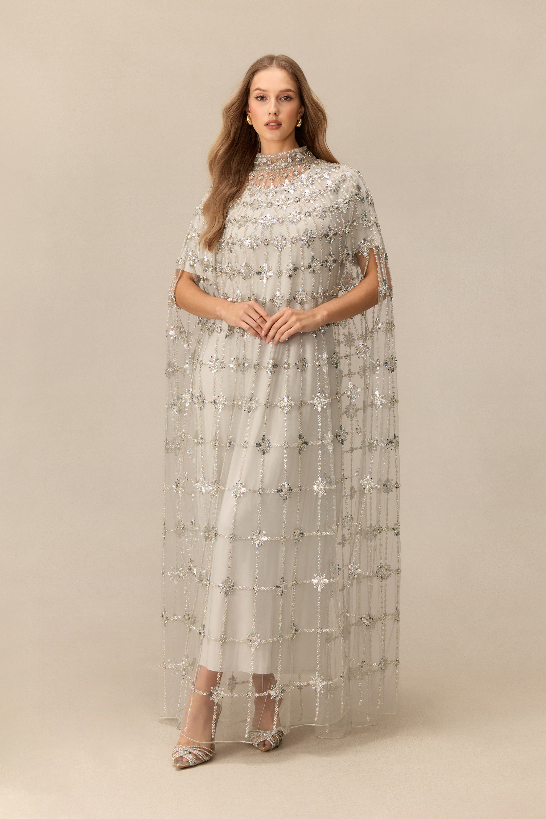 The Main Event Crystal Embellished Cape Sleeve Maxi Dress