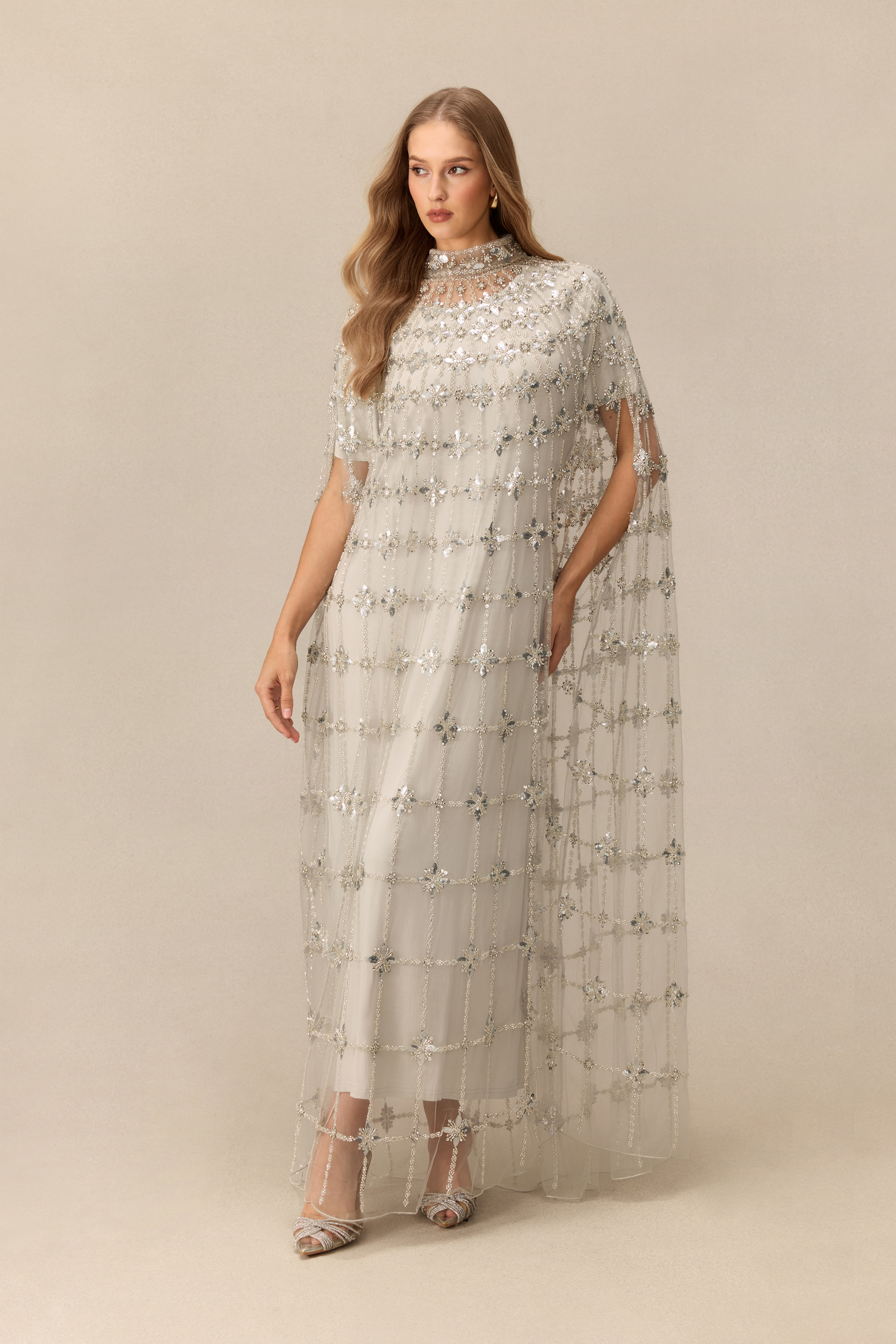 The Main Event Crystal Embellished Cape Sleeve Maxi Dress