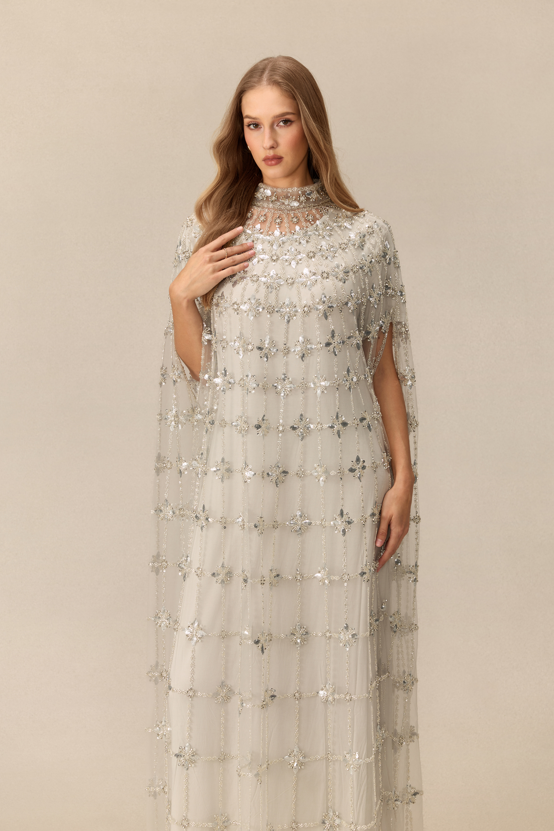 The Main Event Crystal Embellished Cape Sleeve Maxi Dress