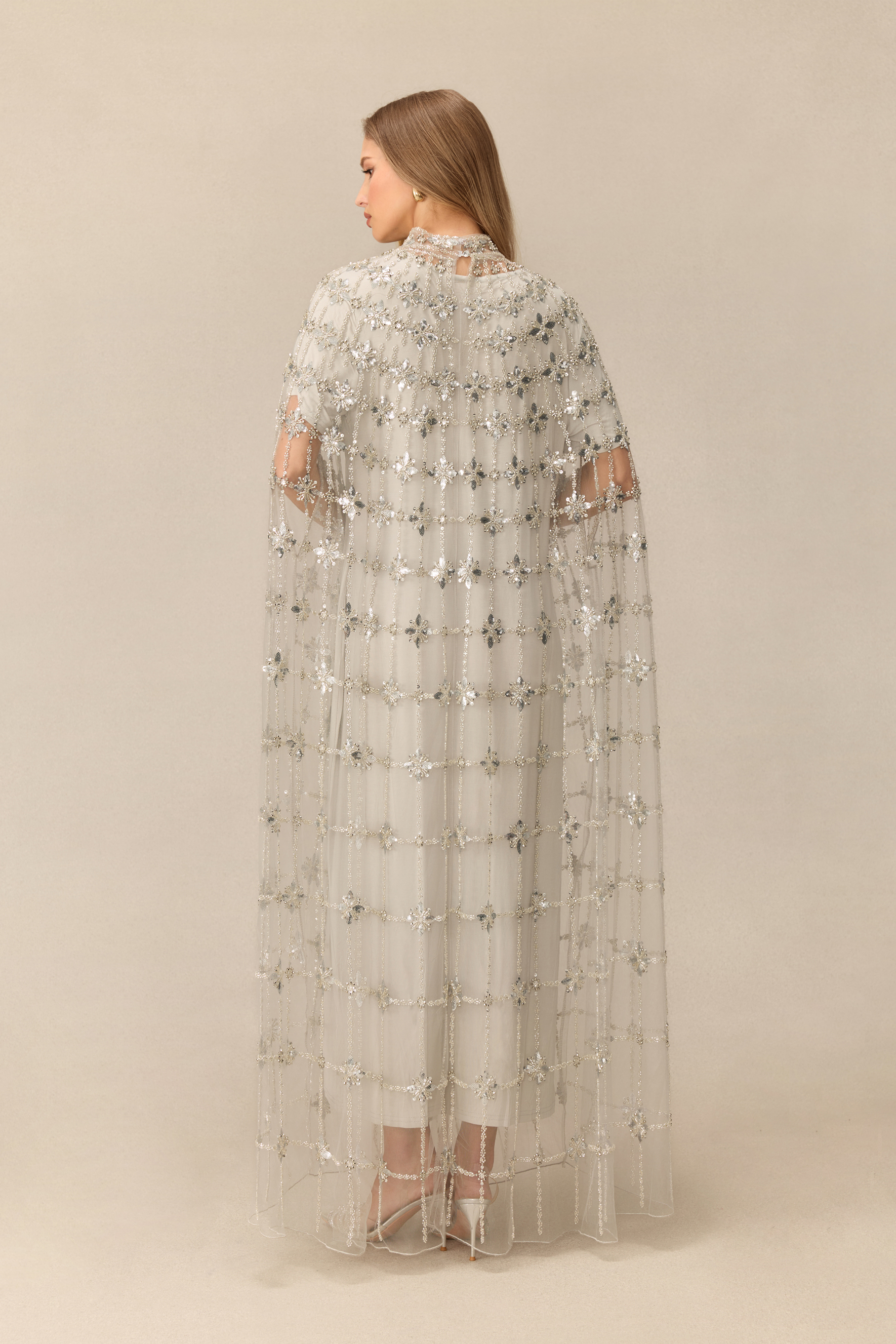 The Main Event Crystal Embellished Cape Sleeve Maxi Dress