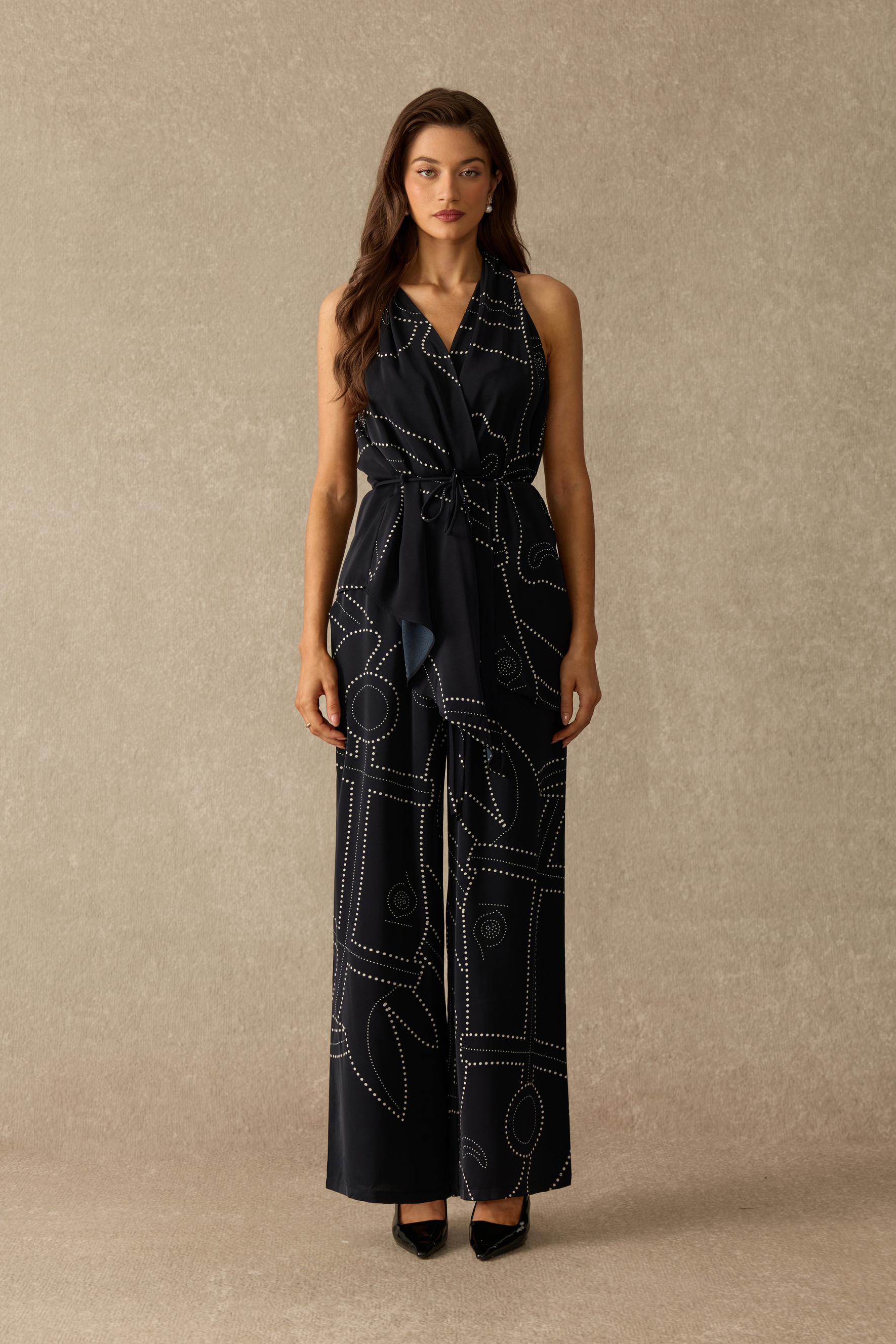 Poised Presence Geometric Print Halter Top & Wide Leg Pants Set