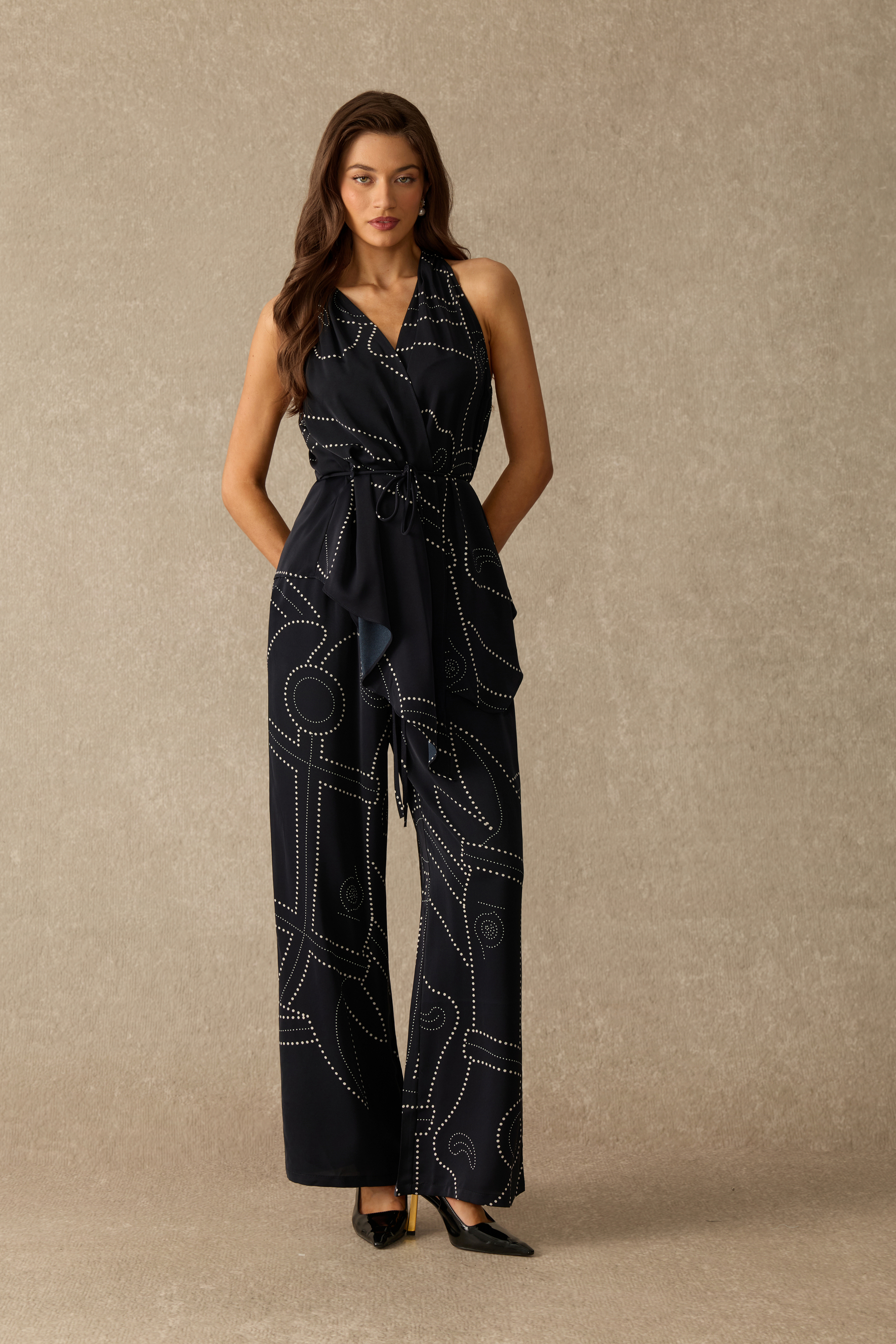 Poised Presence Geometric Print Halter Top & Wide Leg Pants Set