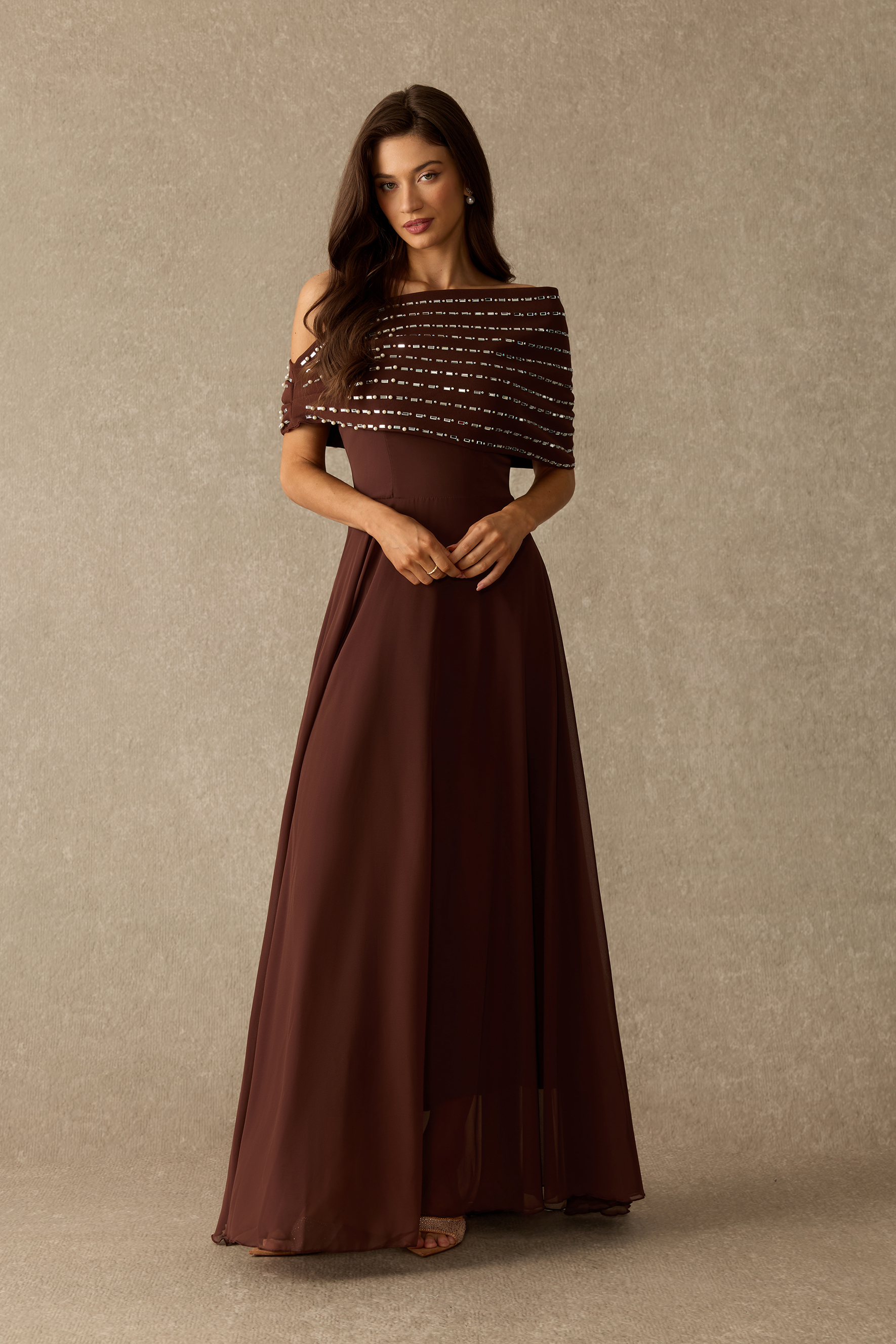 One Last Dance Embellished Shawl Chiffon Maxi Dress