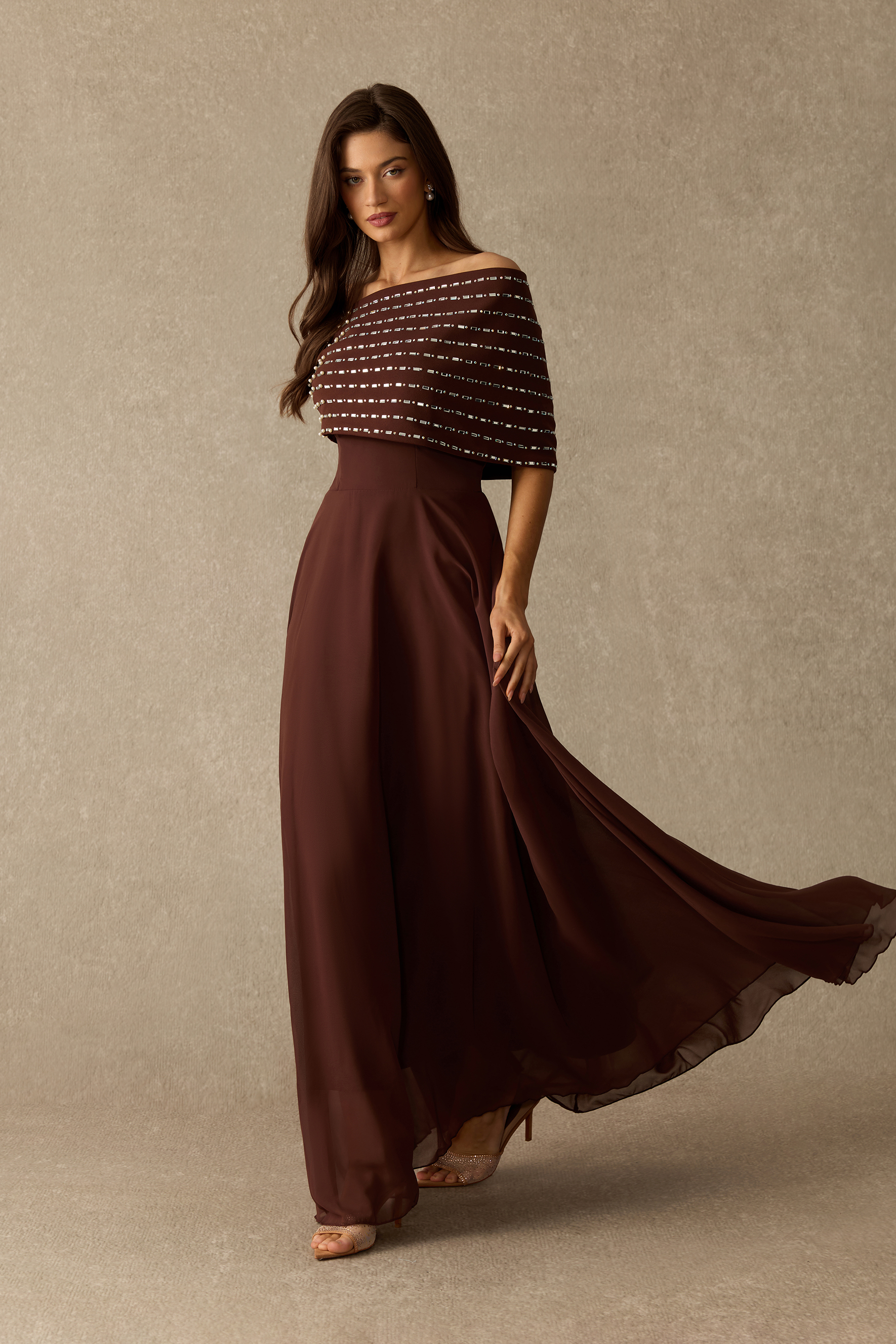 One Last Dance Embellished Shawl Chiffon Maxi Dress