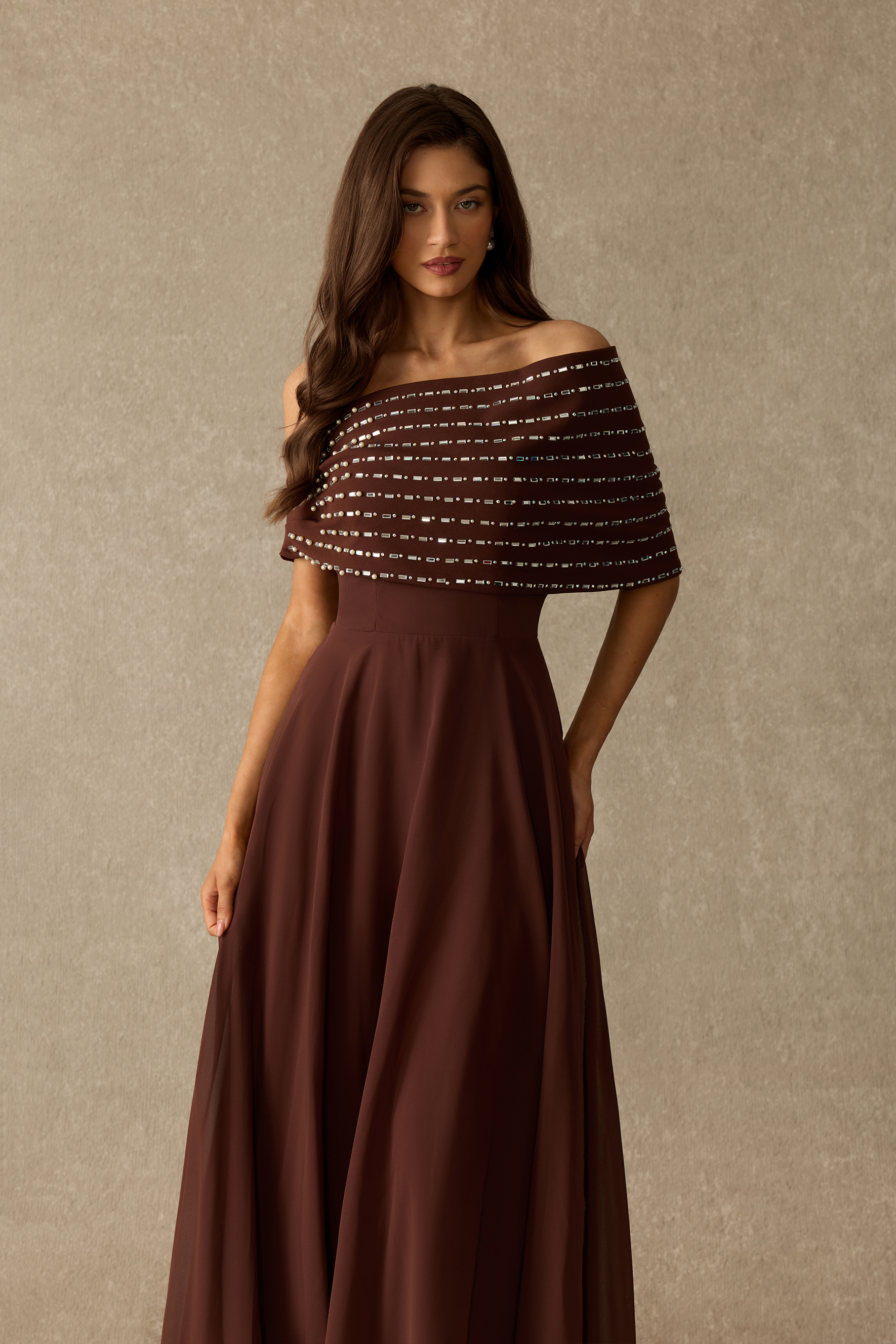 One Last Dance Embellished Shawl Chiffon Maxi Dress