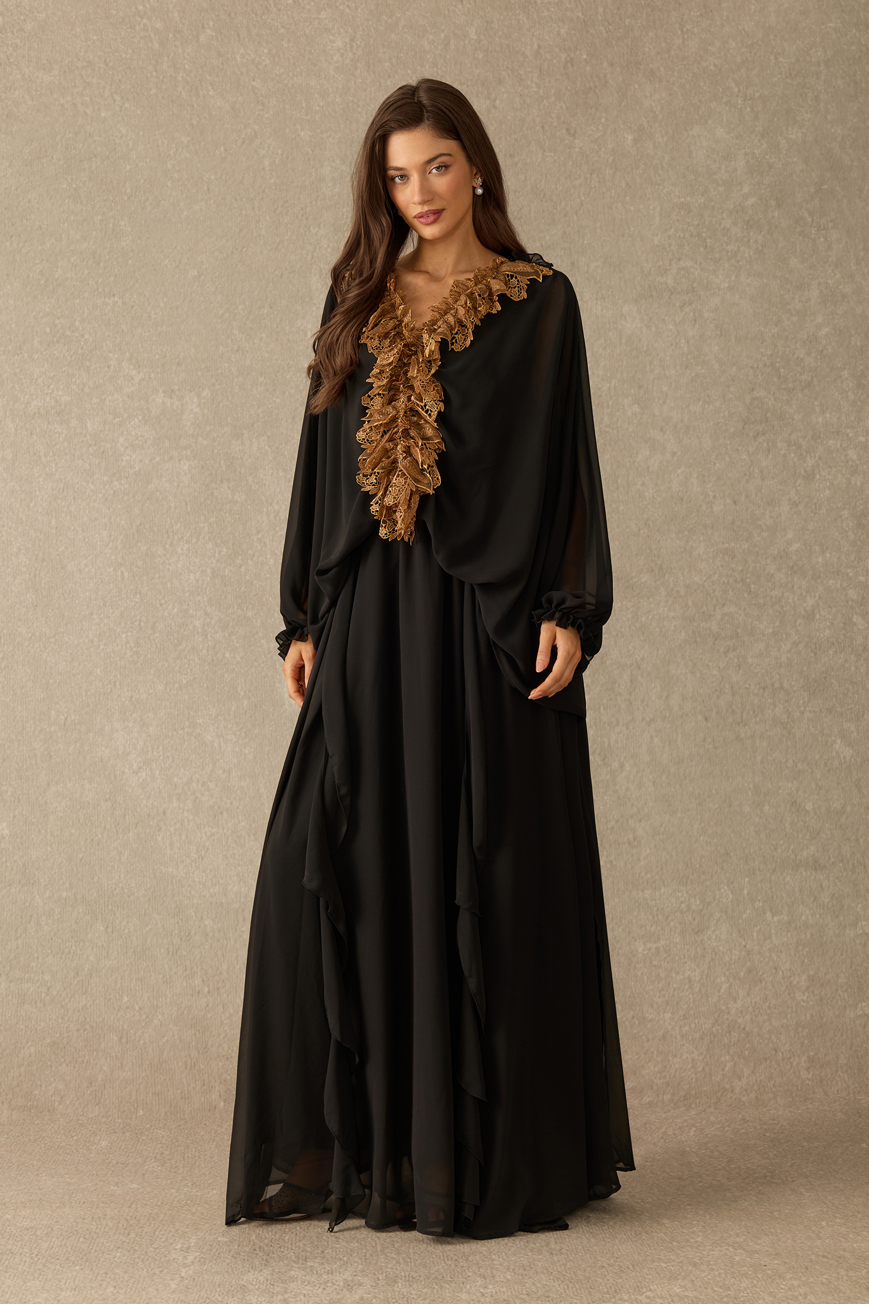 Endless Twilight Lace Trim Balloon Sleeve Maxi Dress