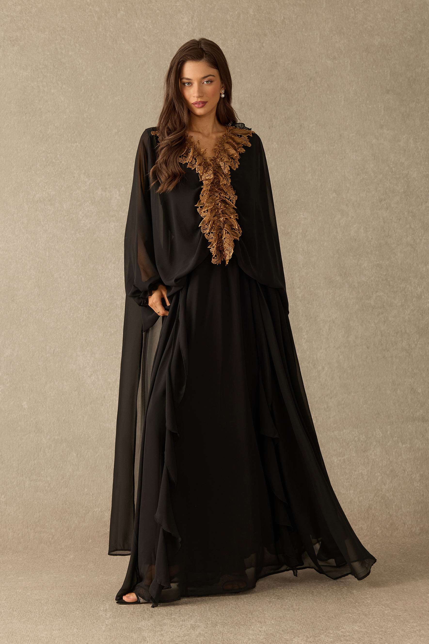 Endless Twilight Lace Trim Balloon Sleeve Maxi Dress