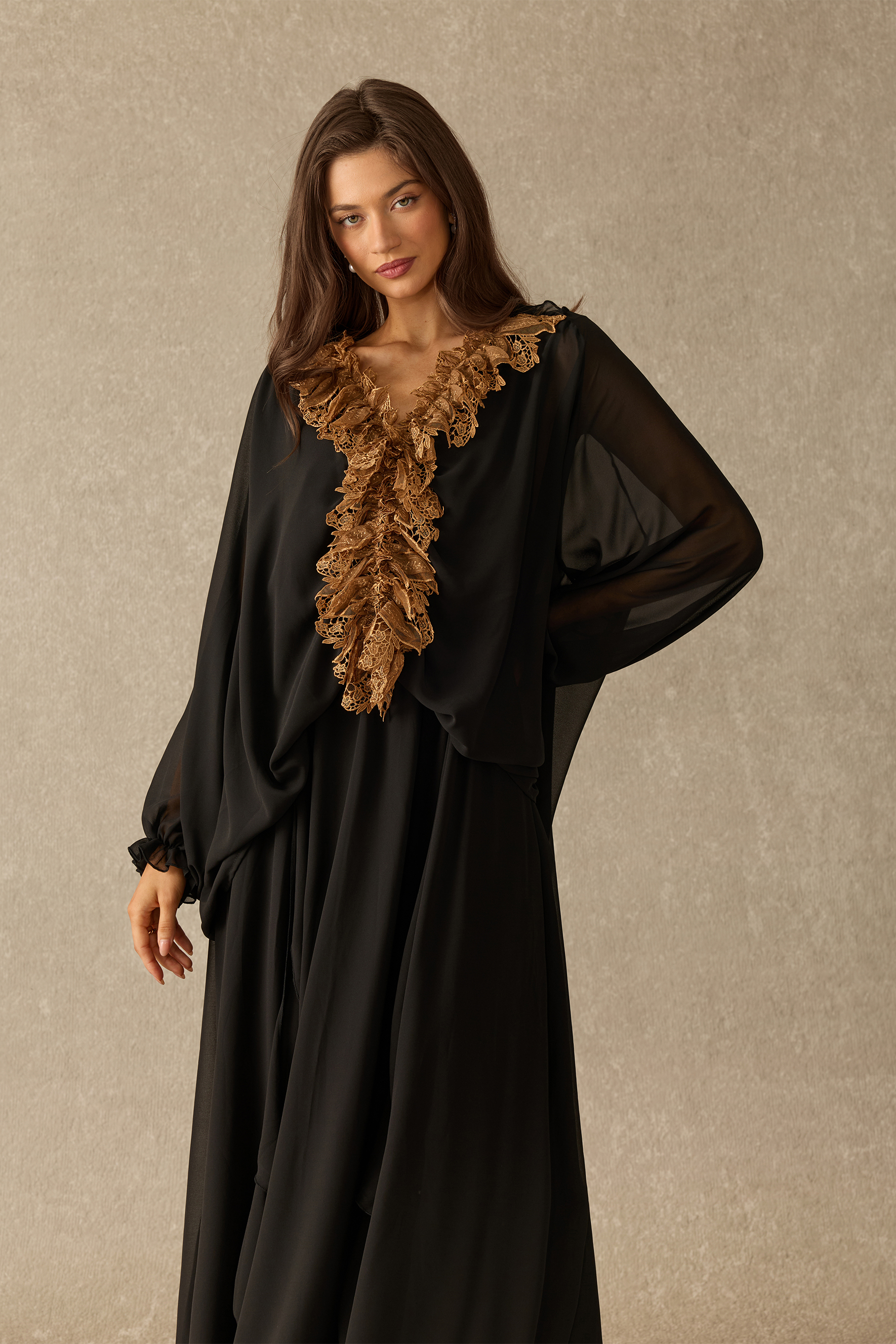 Endless Twilight Lace Trim Balloon Sleeve Maxi Dress