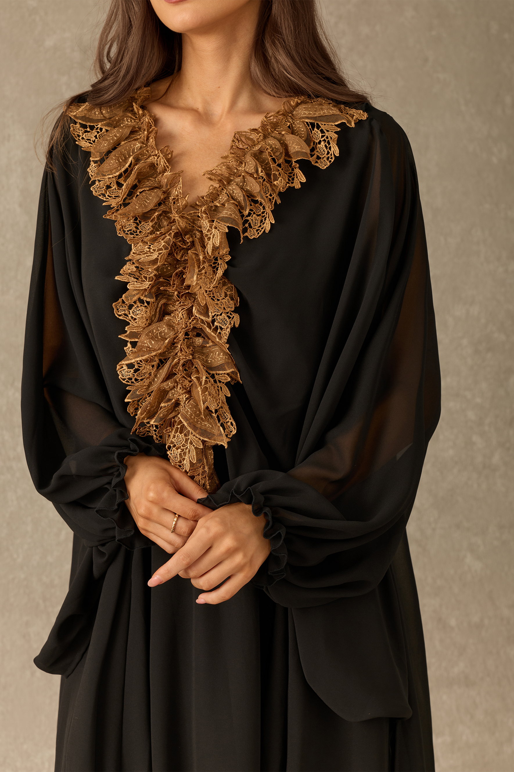 Endless Twilight Lace Trim Balloon Sleeve Maxi Dress