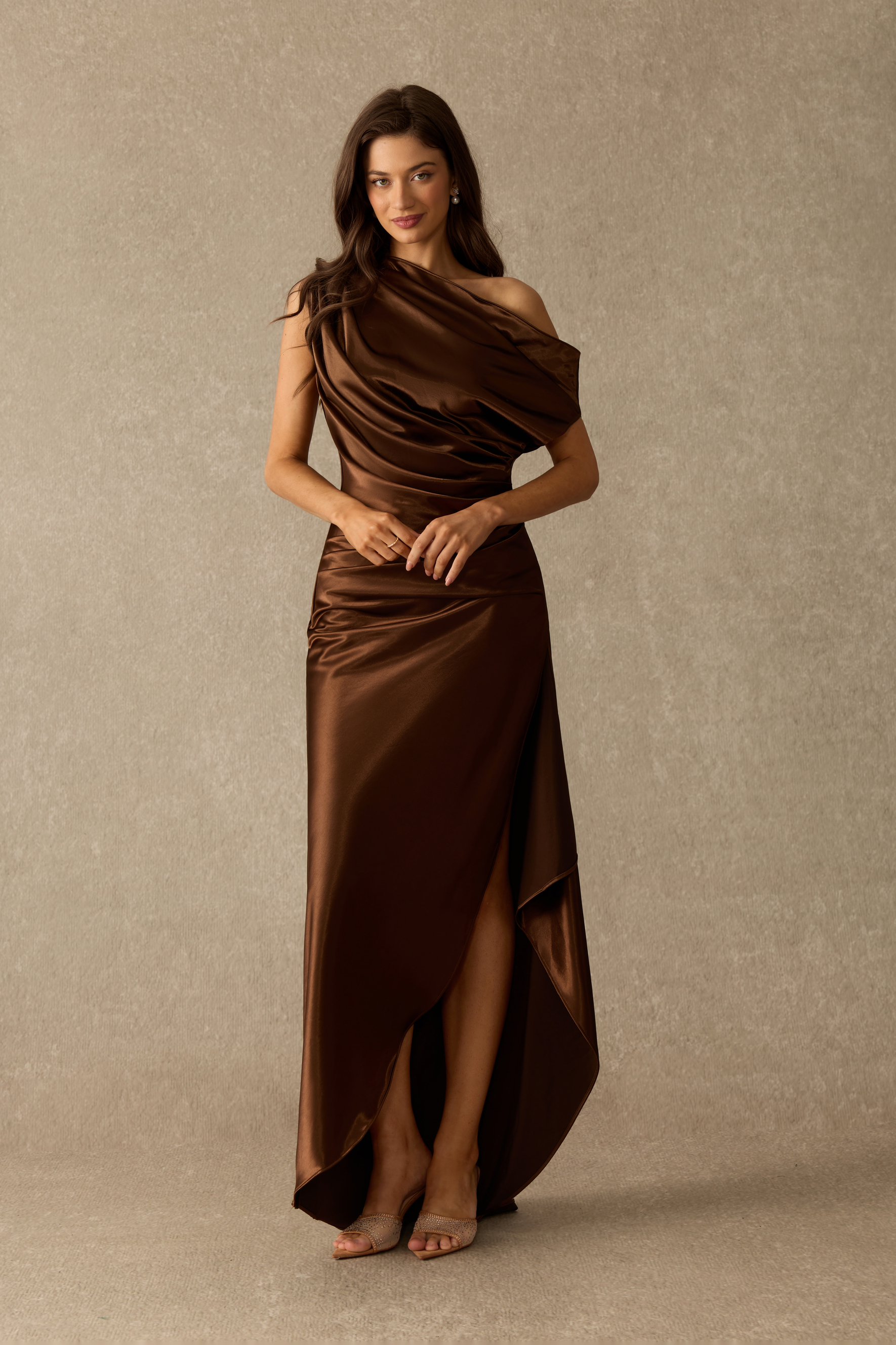 Under Your Spell One Shoulder Ruched Satin Maxi Dress