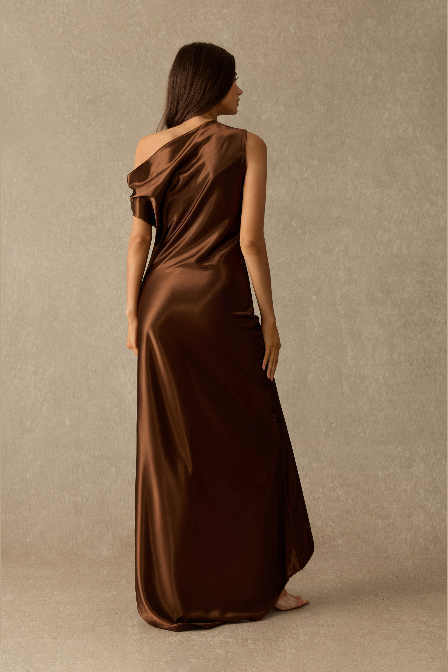 Under Your Spell One Shoulder Ruched Satin Maxi Dress