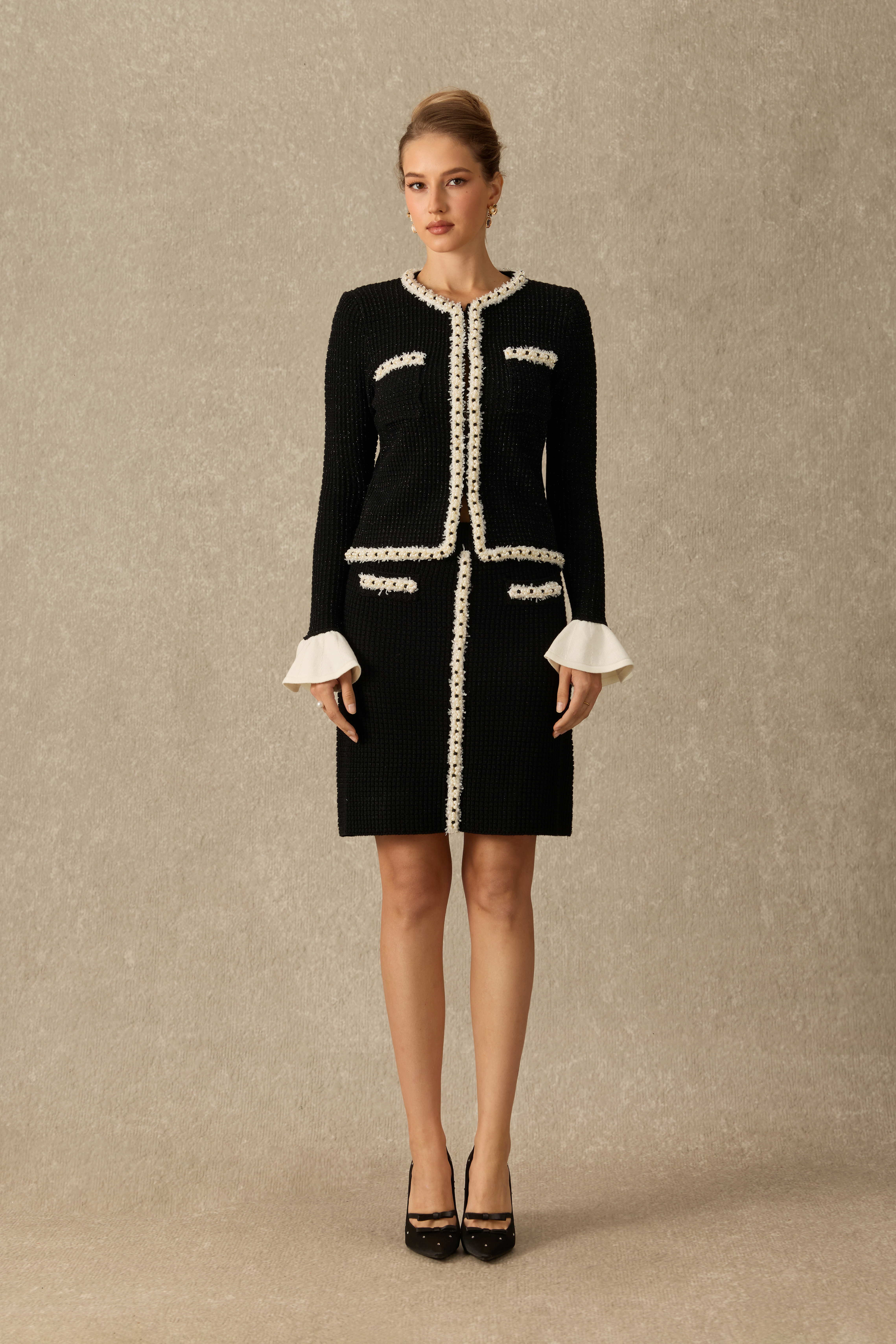Quite The Lady Contrast Trim Knit Cardigan & Mini Skirt Set