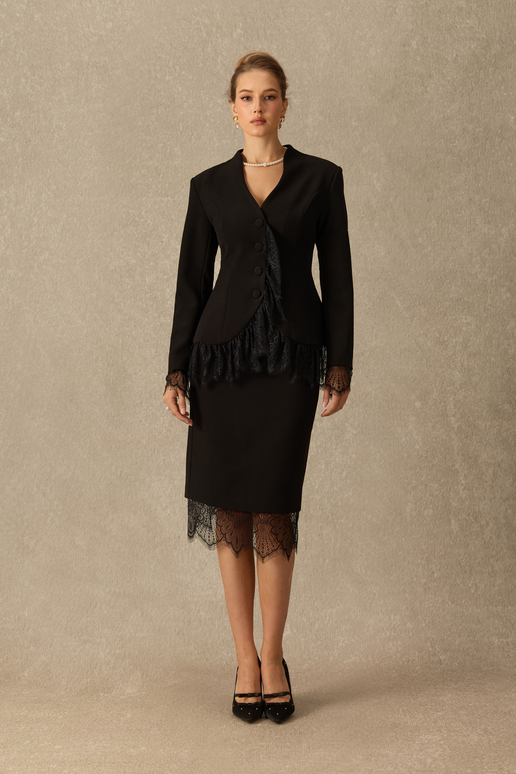 Avec Flair Lace Panel Blazer & Skirt Set