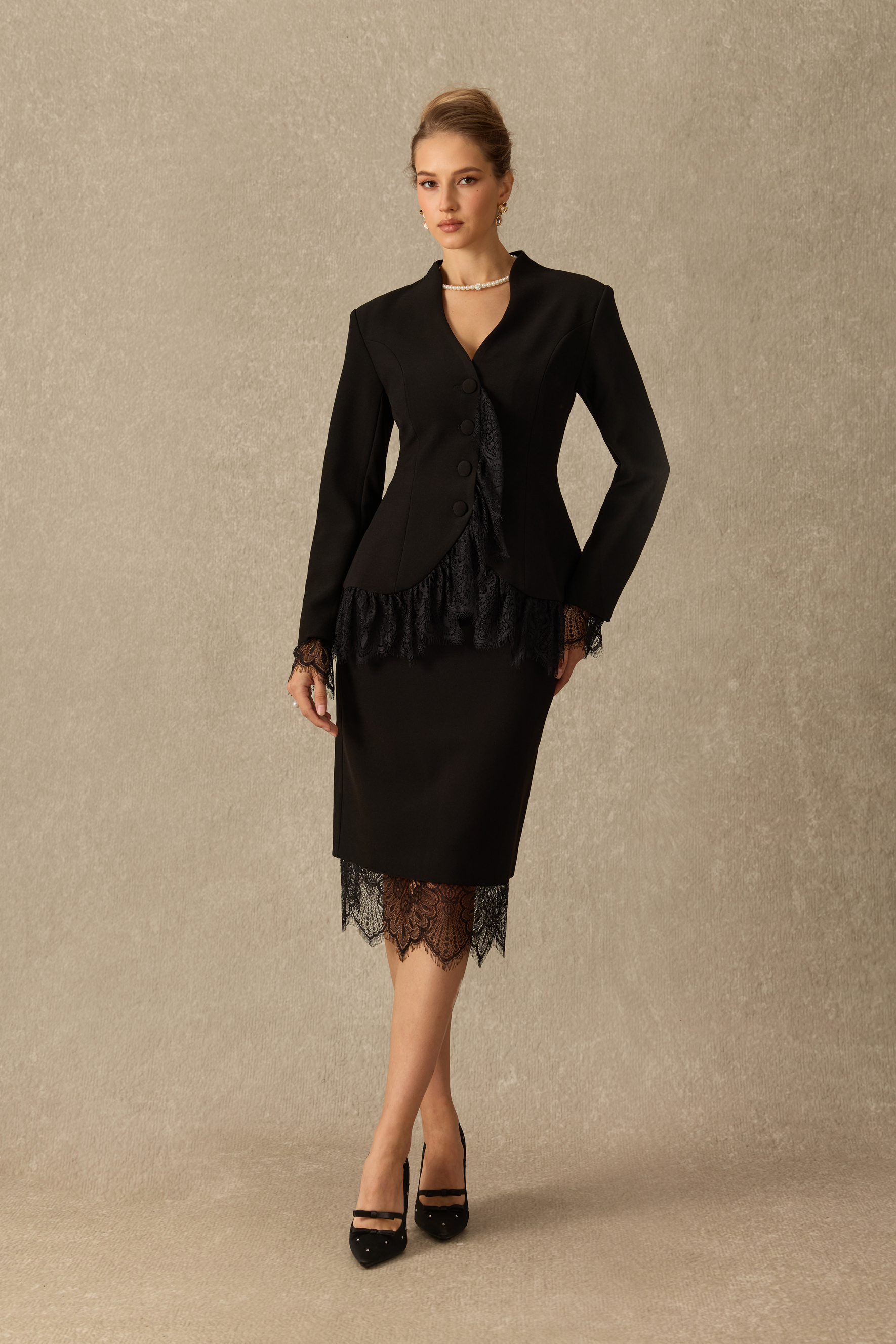 Avec Flair Lace Panel Blazer & Skirt Set