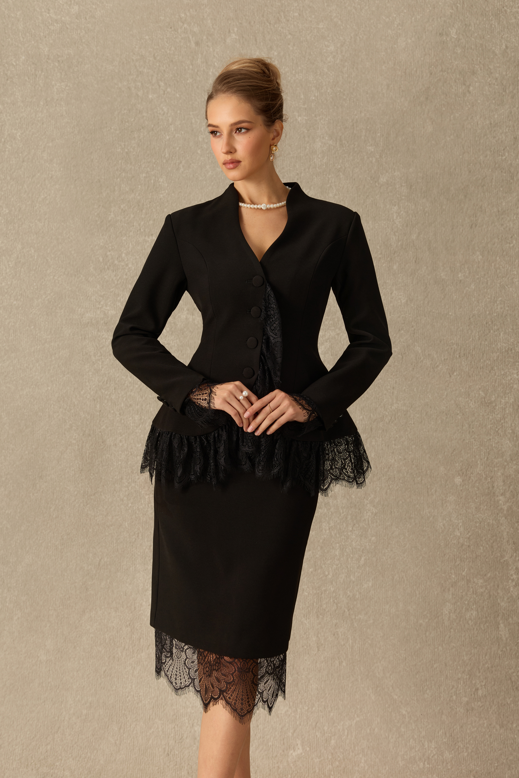 Avec Flair Lace Panel Blazer & Skirt Set