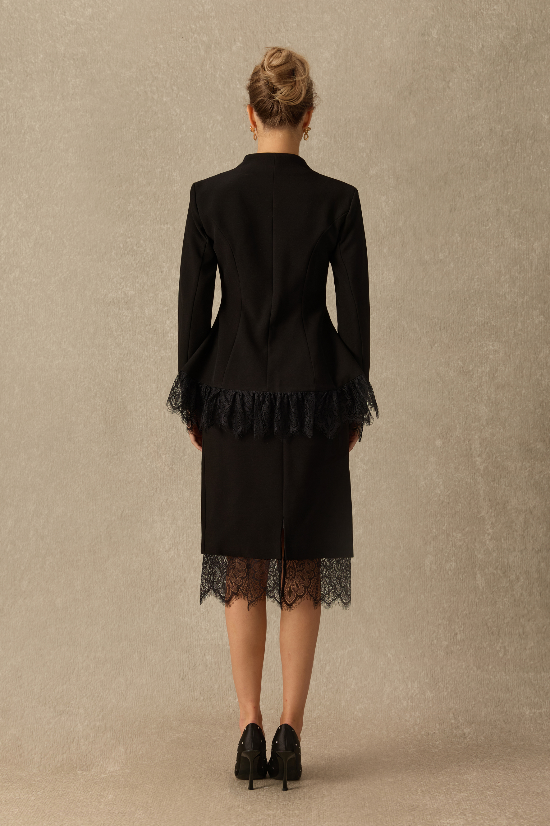 Avec Flair Lace Panel Blazer & Skirt Set
