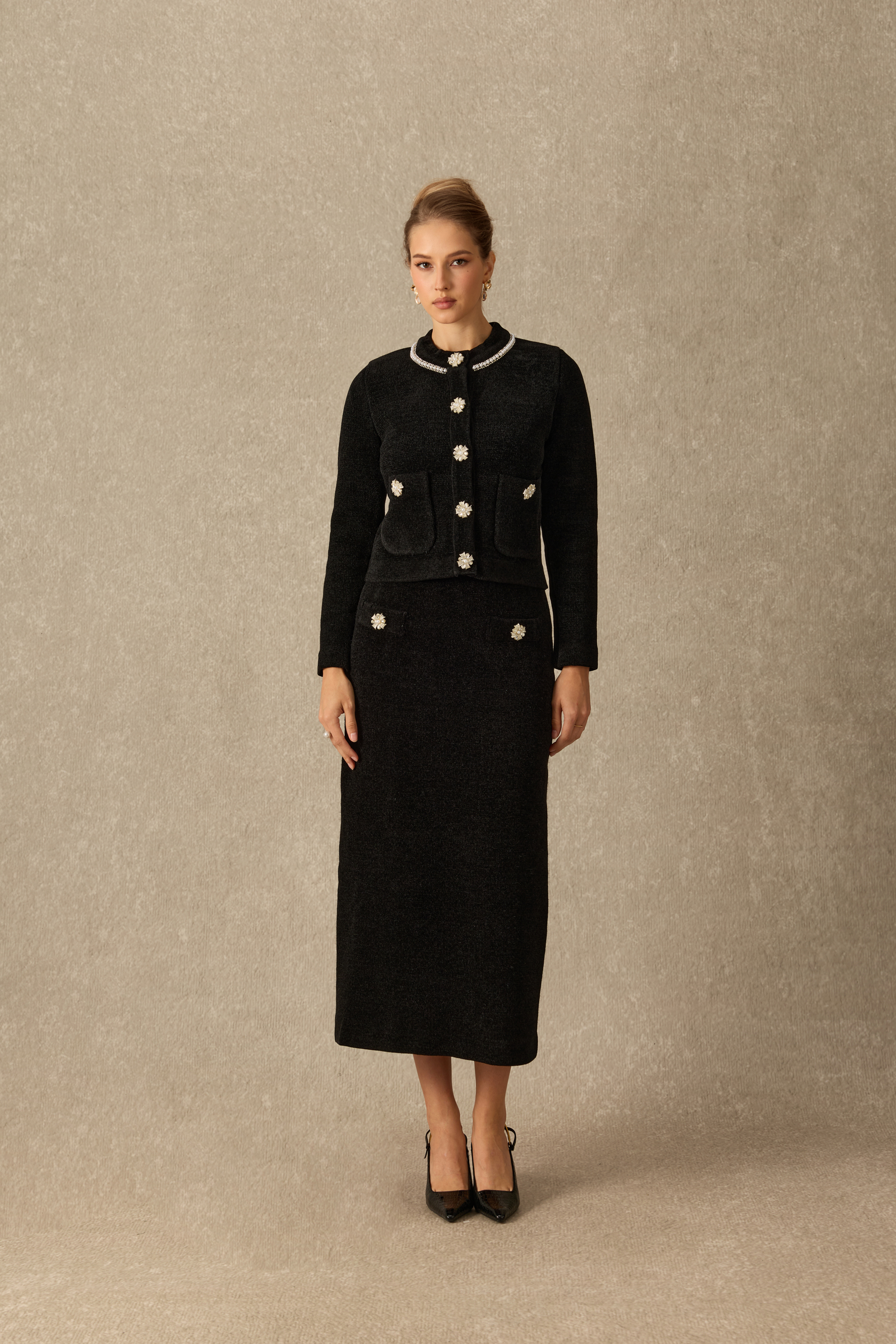 French Finesse Embellished Knit Jacket & Skirt Set