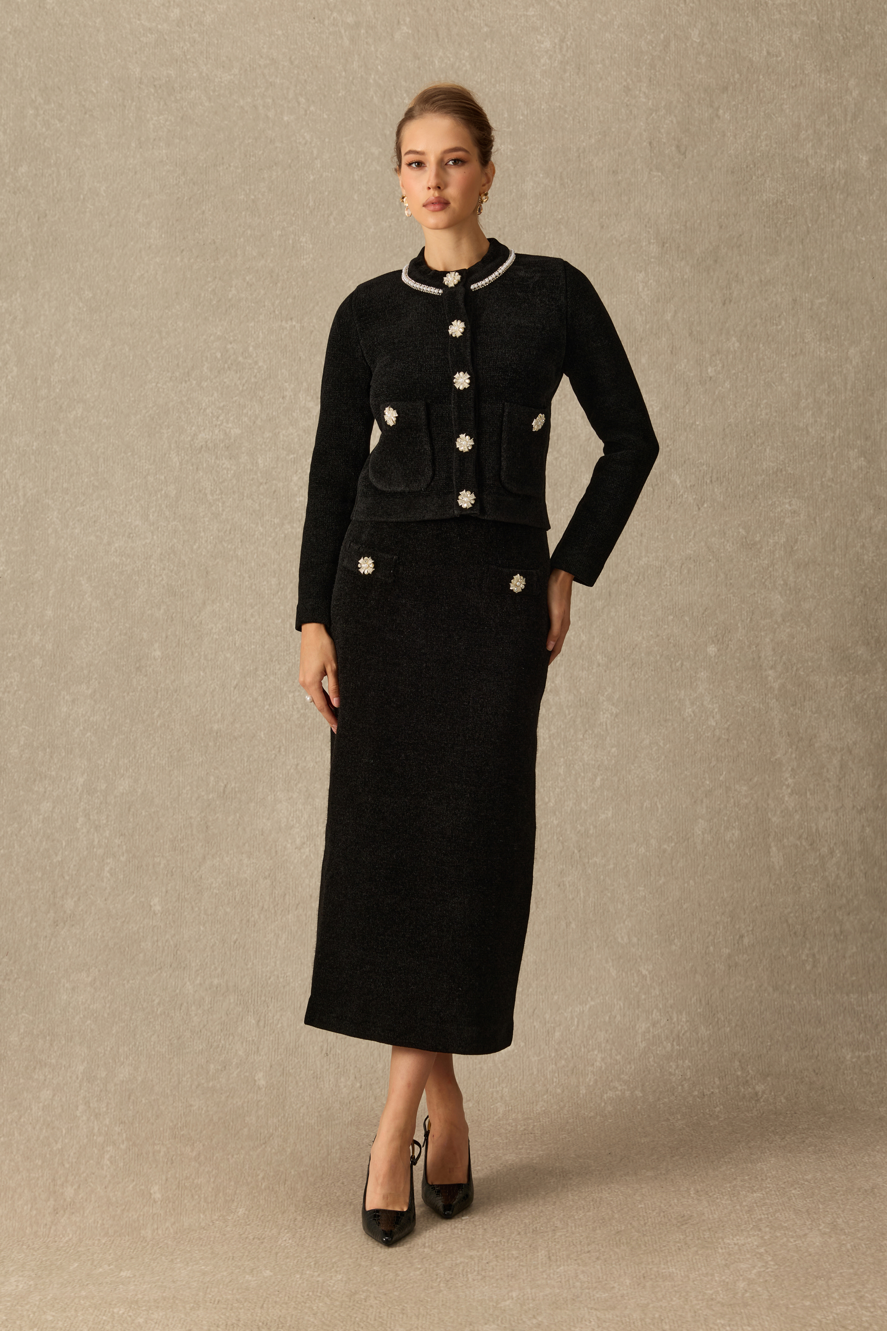 French Finesse Embellished Knit Jacket & Skirt Set
