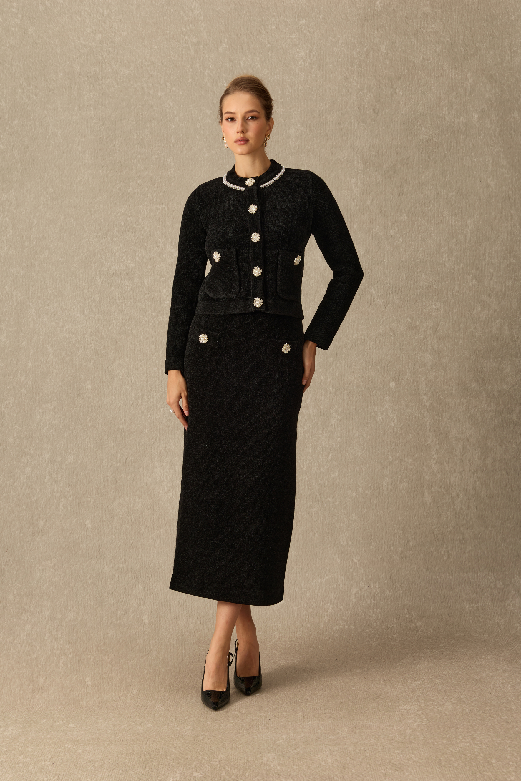 French Finesse Embellished Knit Jacket & Skirt Set