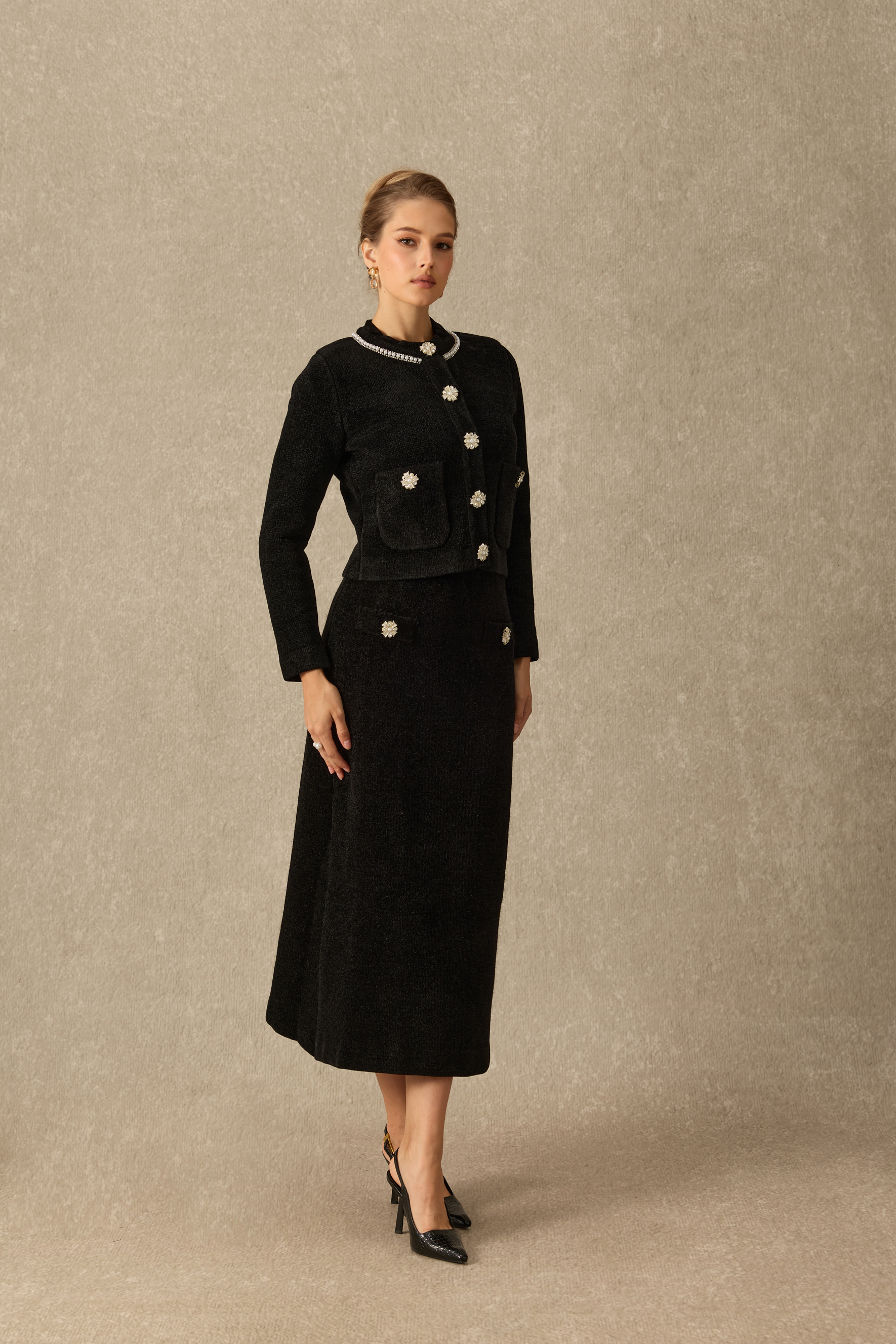 French Finesse Embellished Knit Jacket & Skirt Set