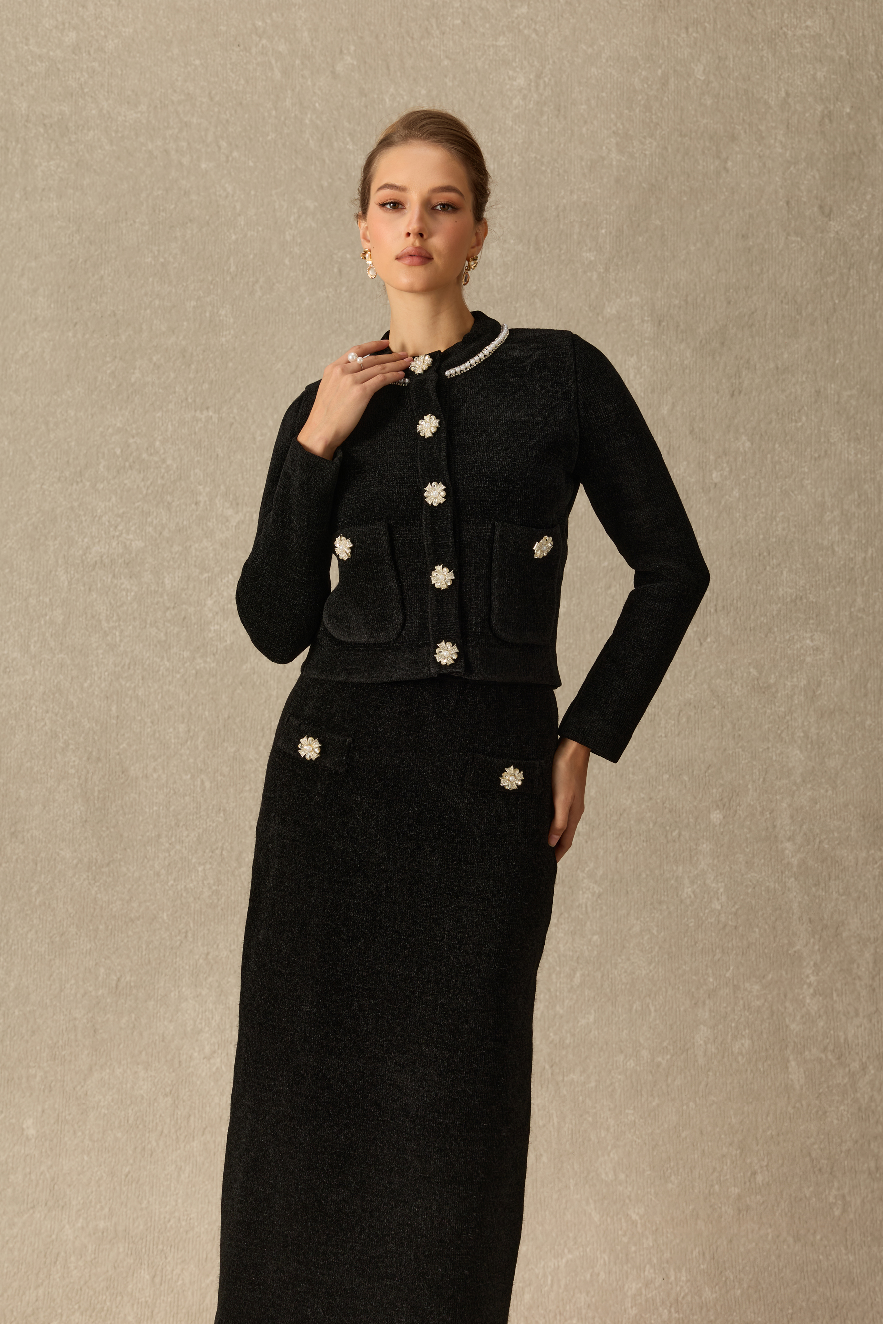 French Finesse Embellished Knit Jacket & Skirt Set
