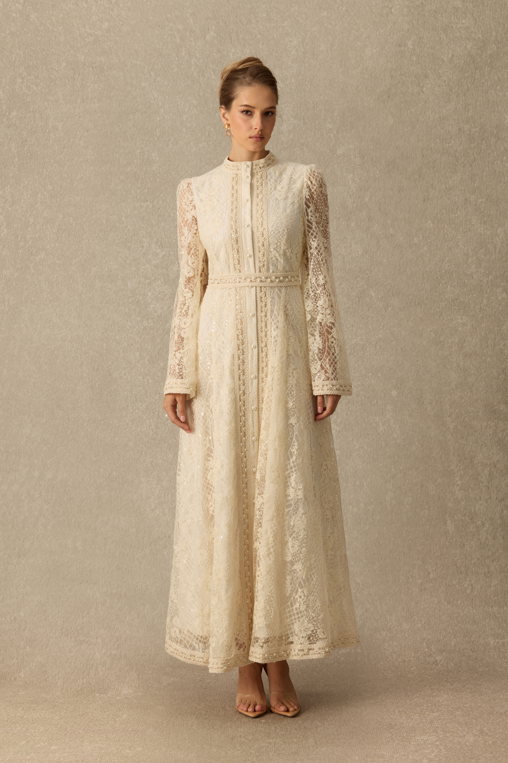 Still Dreaming Pearl Embellished Lace Maxi Dress