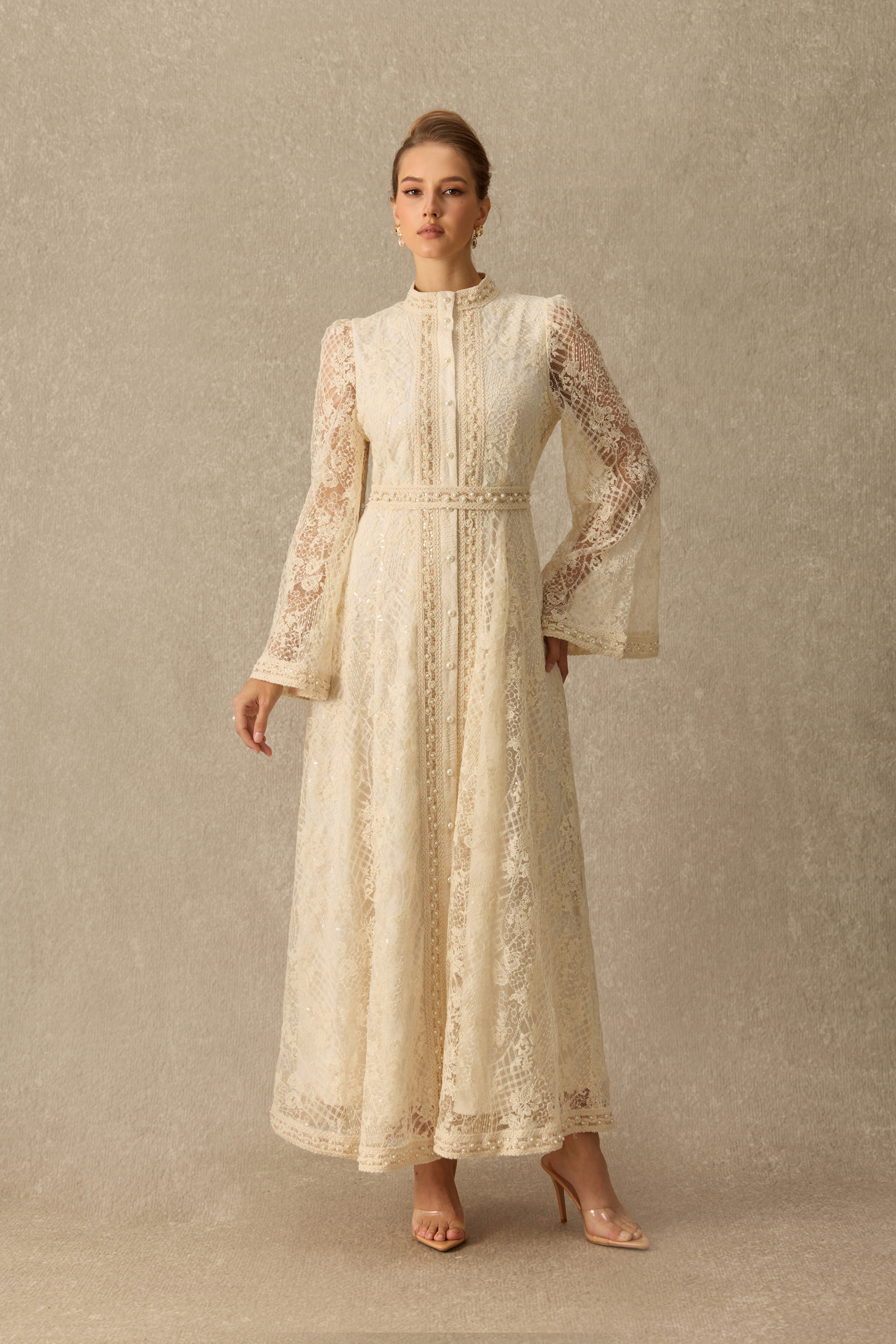 Still Dreaming Pearl Embellished Lace Maxi Dress