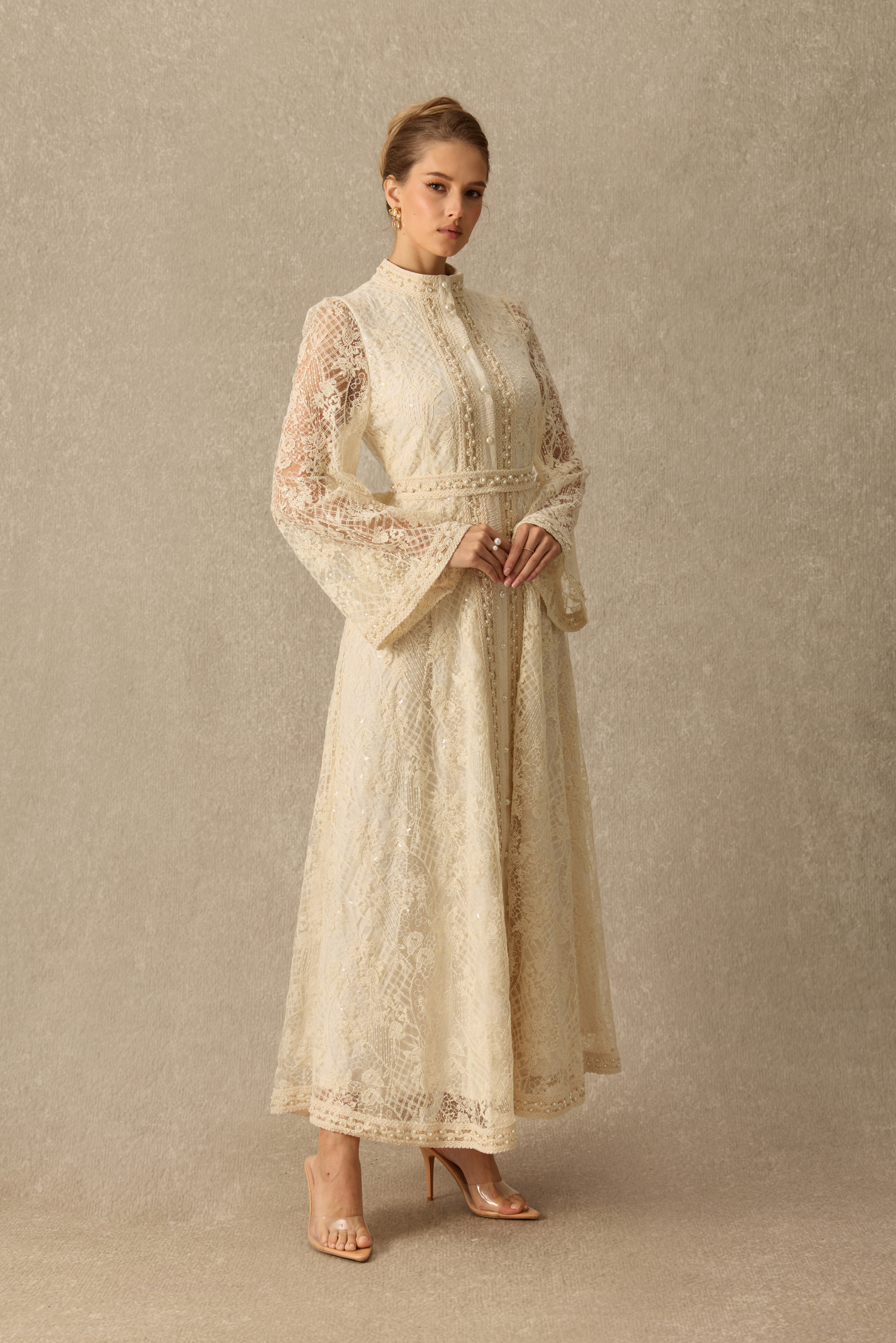 Still Dreaming Pearl Embellished Lace Maxi Dress