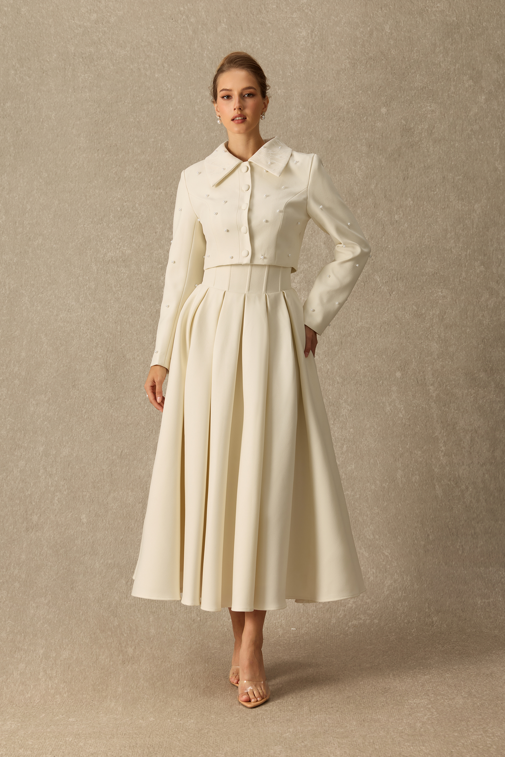 Special Invite Pearl Embellished Cropped Jacket & Pleated Skirt Set