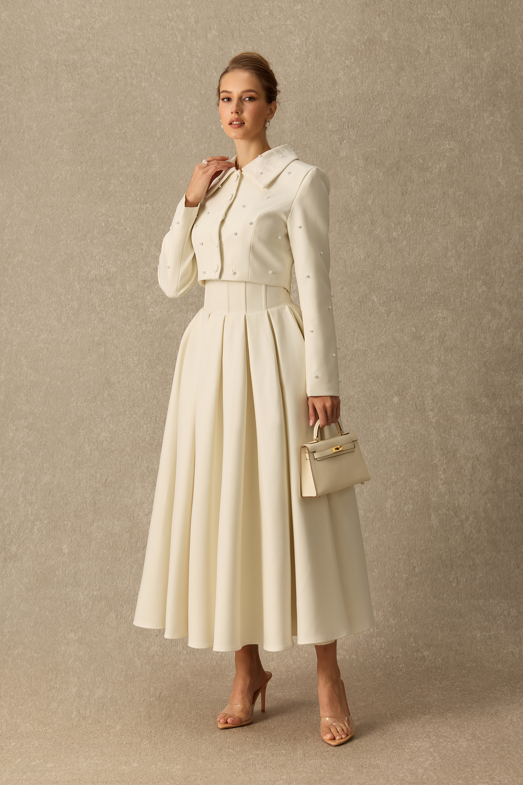 Special Invite Pearl Embellished Cropped Jacket & Pleated Skirt Set