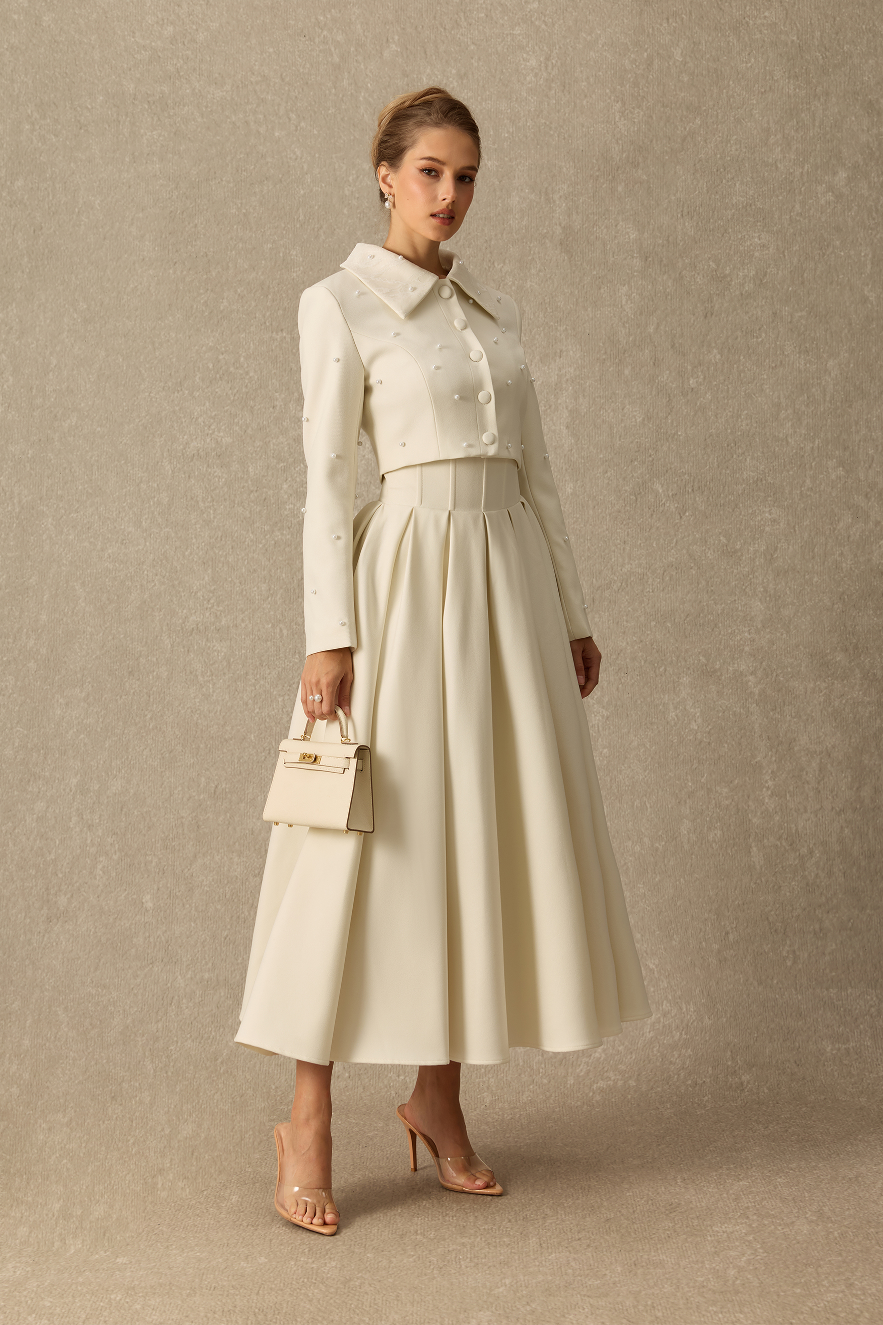 Special Invite Pearl Embellished Cropped Jacket & Pleated Skirt Set